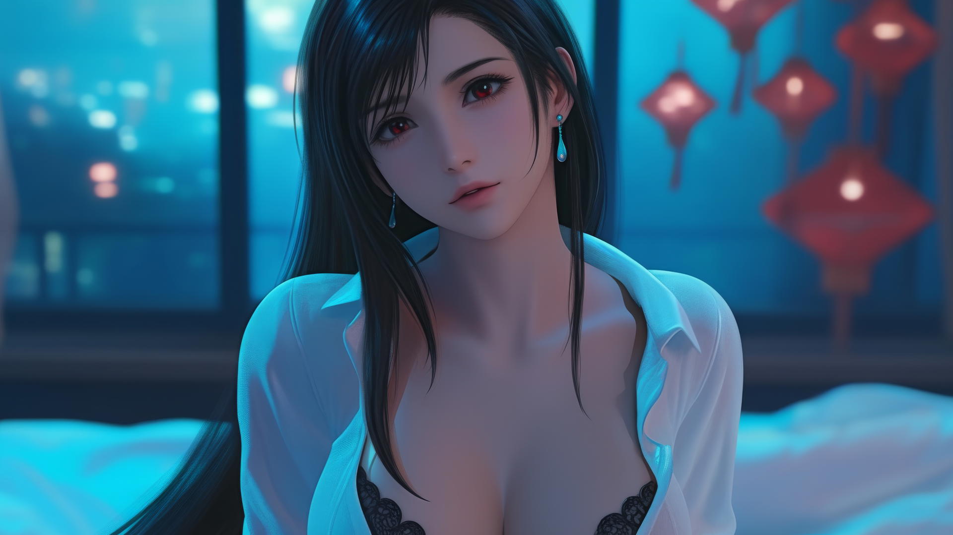 Tifa Lockhart kneeling in a white office shirt, neon-lit modern hotel room