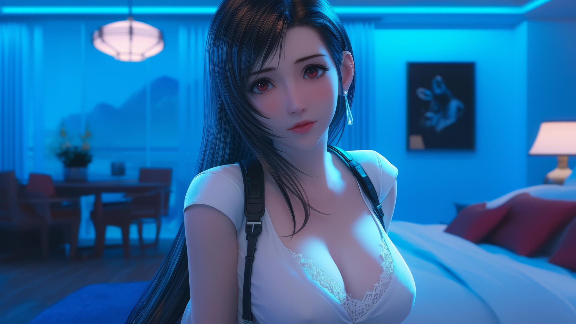 Tifa Lockhart kneeling in an office shirt with neon lights in a modern hotel room.