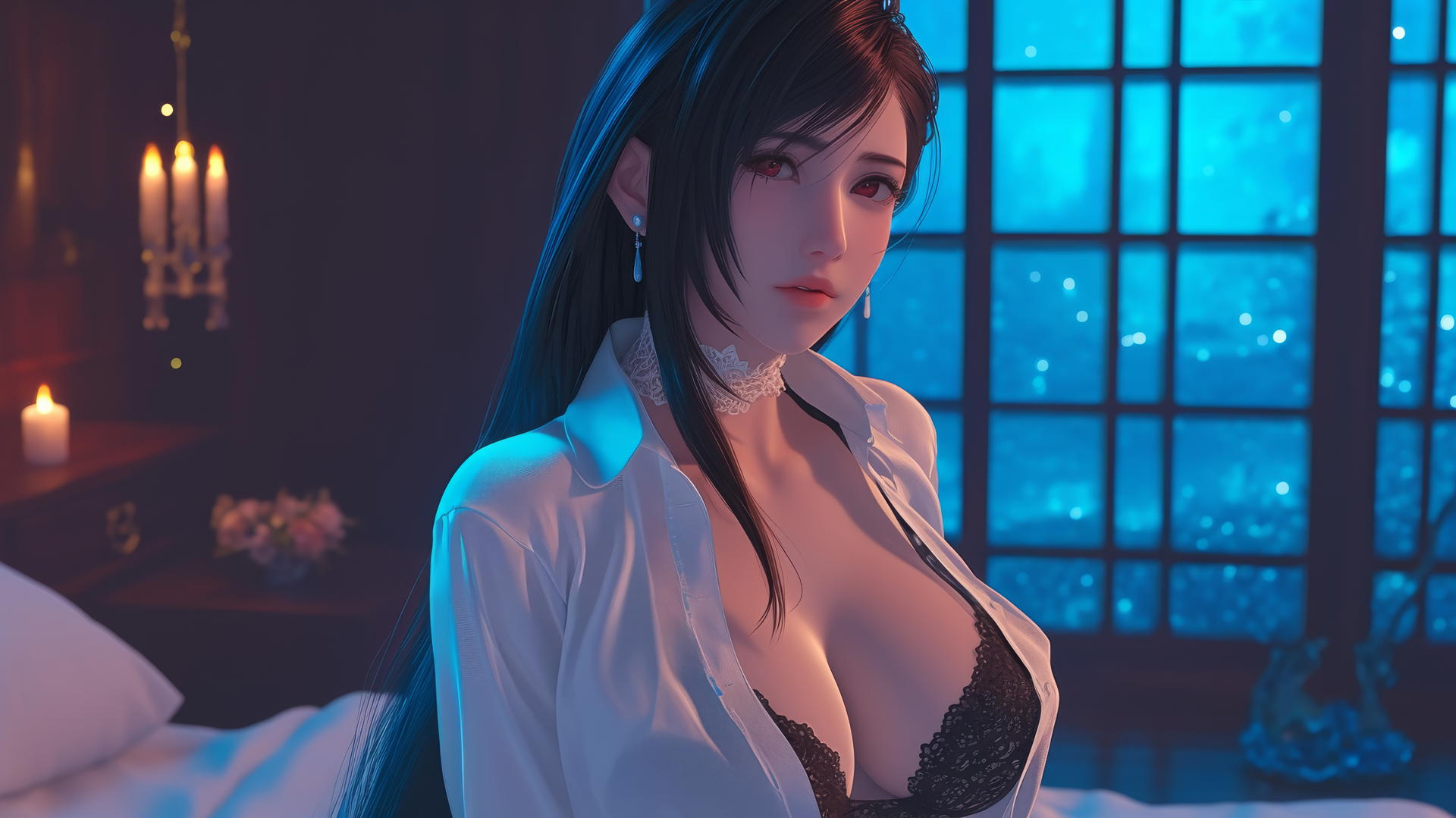 Tifa Lockhart in a white office shirt, gazing intensely, neon-lit modern hotel room