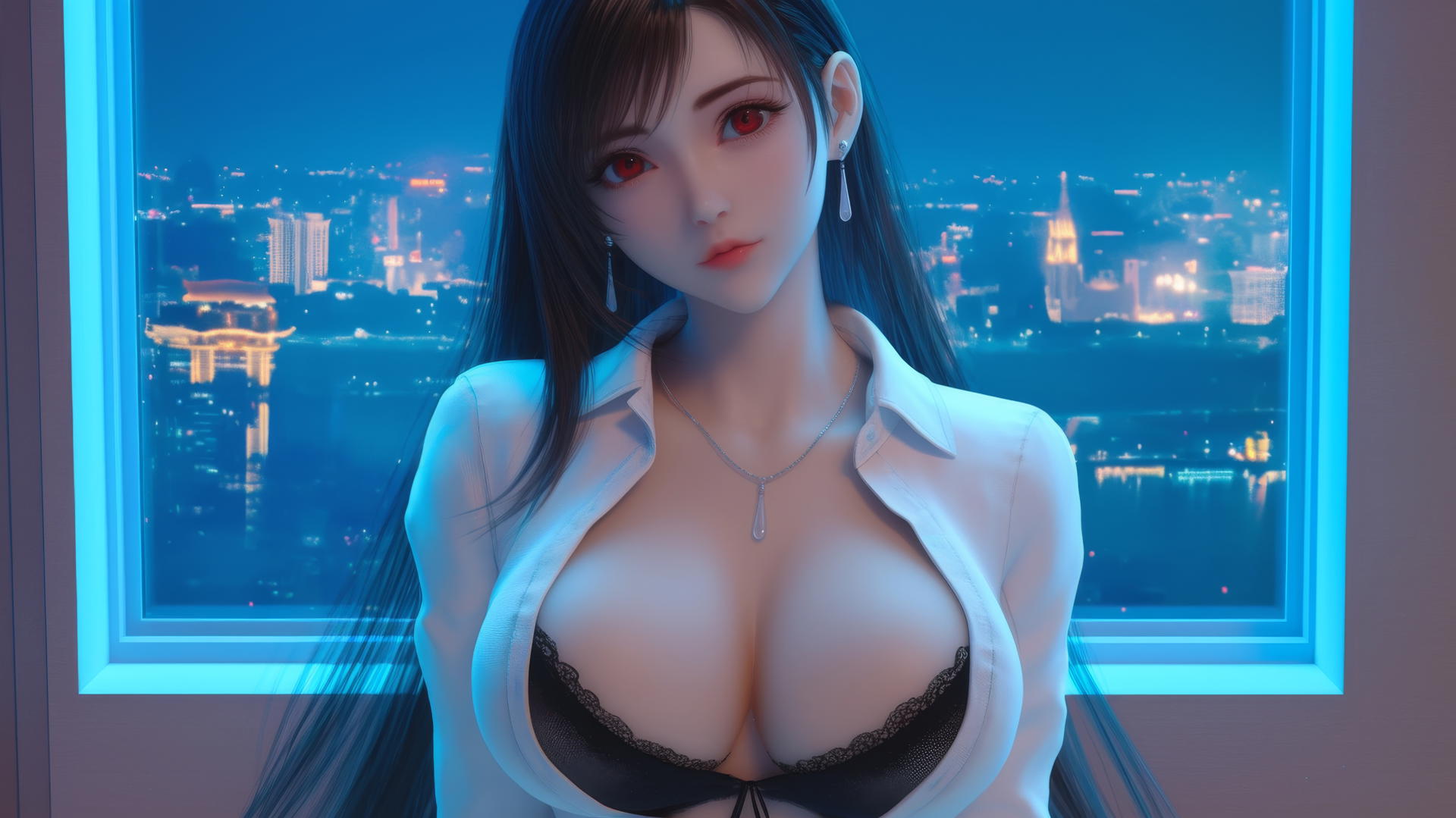 Tifa Lockhart in white office shirt with intense gaze under neon light