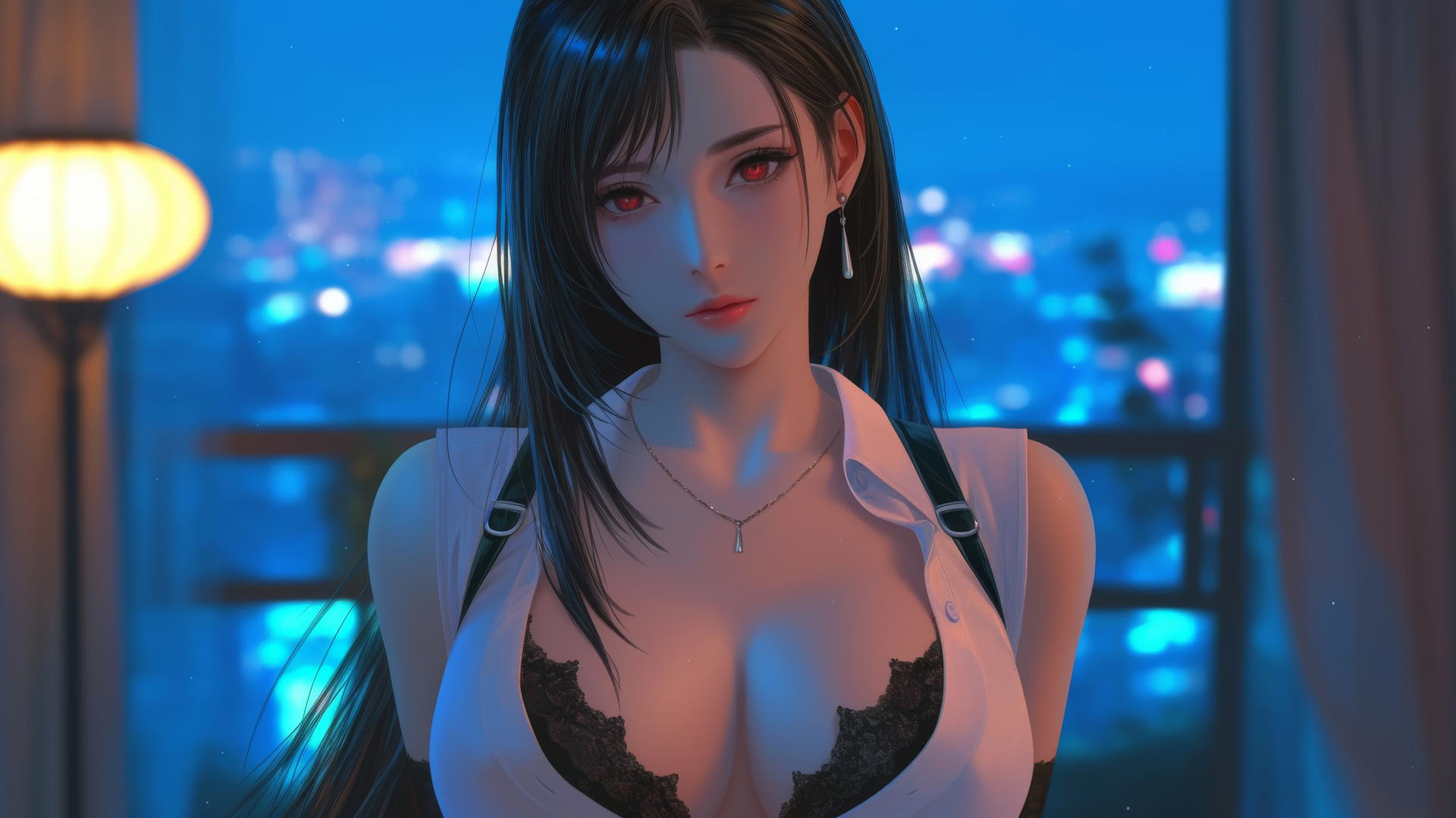 Tifa Lockhart in a white office shirt, intense look, neon-lit modern hotel room