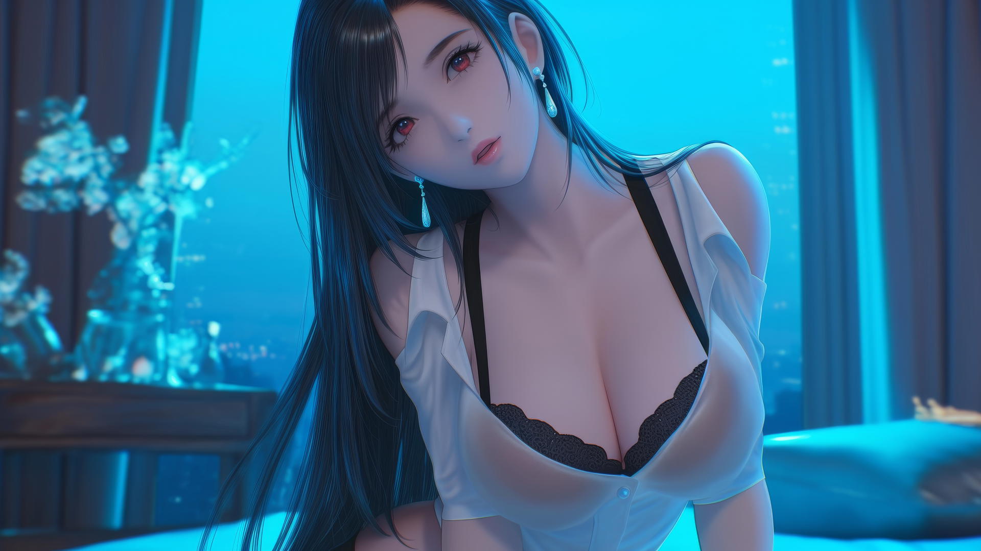 Tifa Lockhart kneeling, wearing a white office shirt, with neon light glow