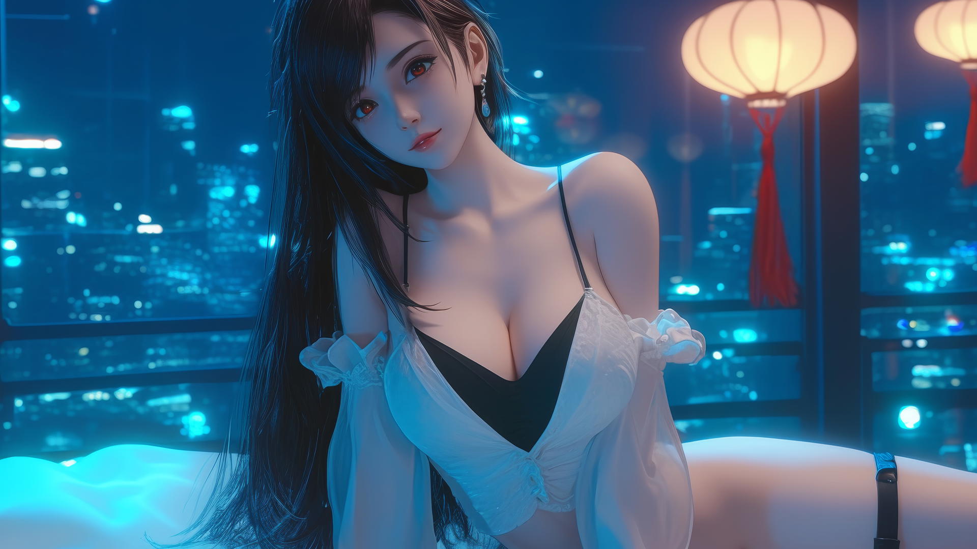 Tifa Lockhart kneeling and looking down, waist focus, neon-lit modern hotel room ceiling
