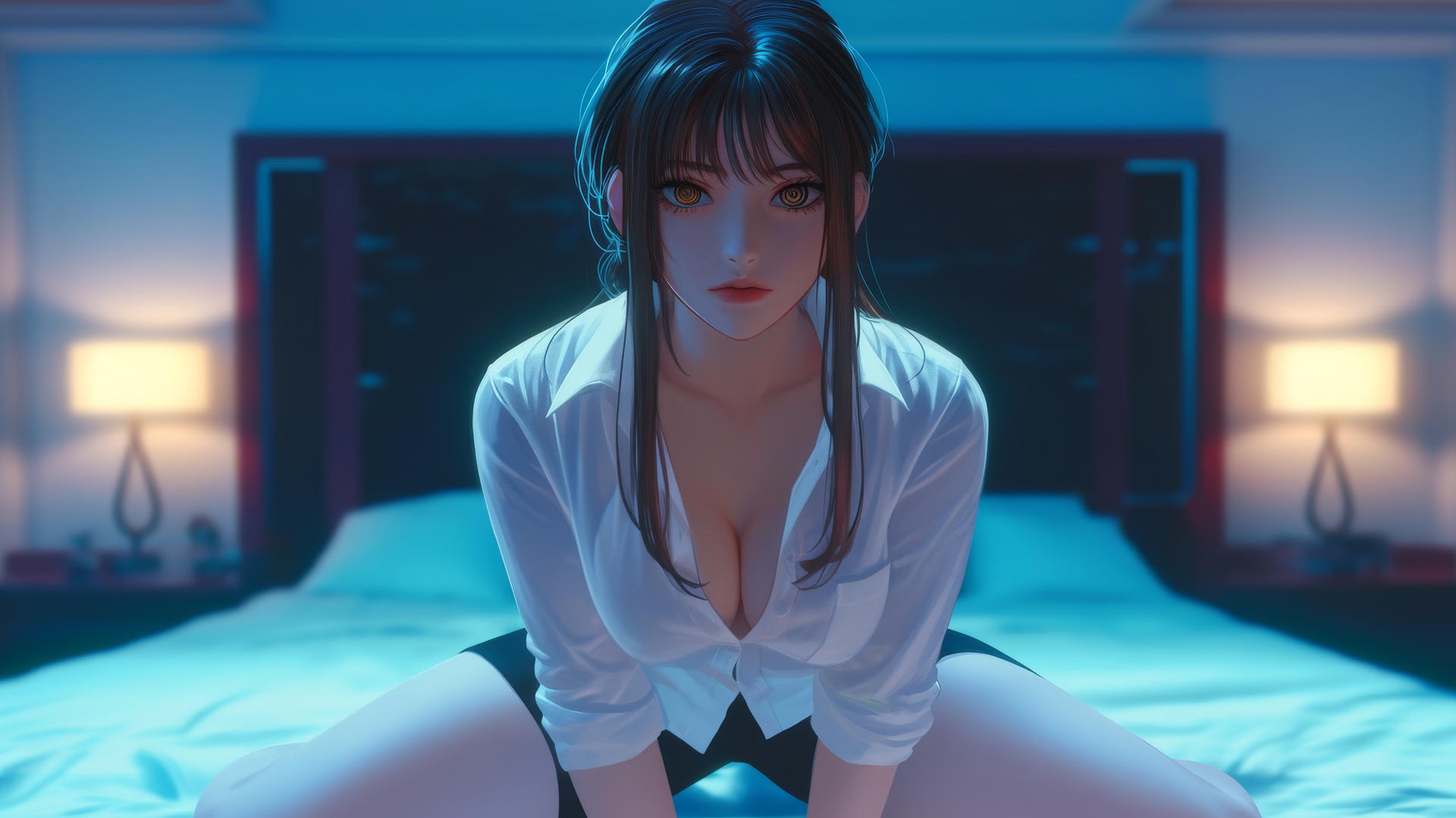 Makima from Chainsaw Man kneeling, looking down, in a softly lit modern hotel room