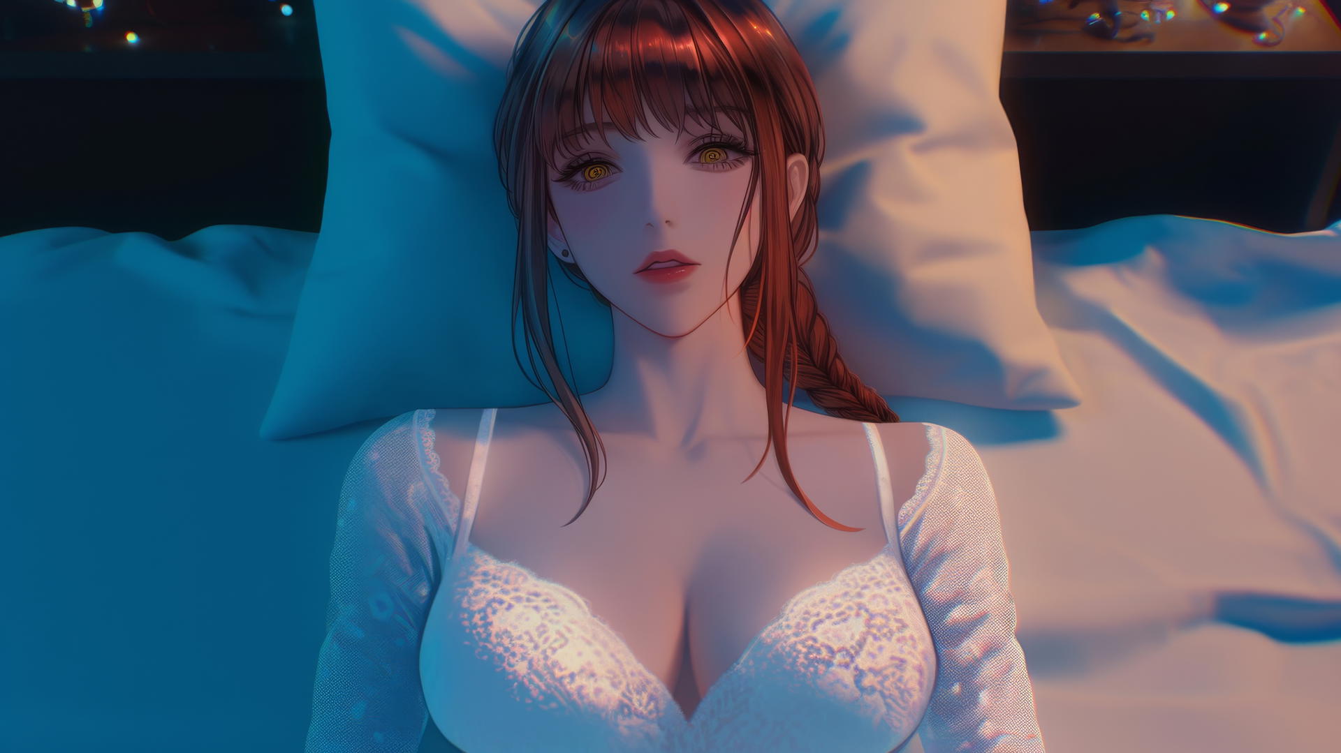 Makima from Chainsaw Man kneeling and looking up with neon light glow.