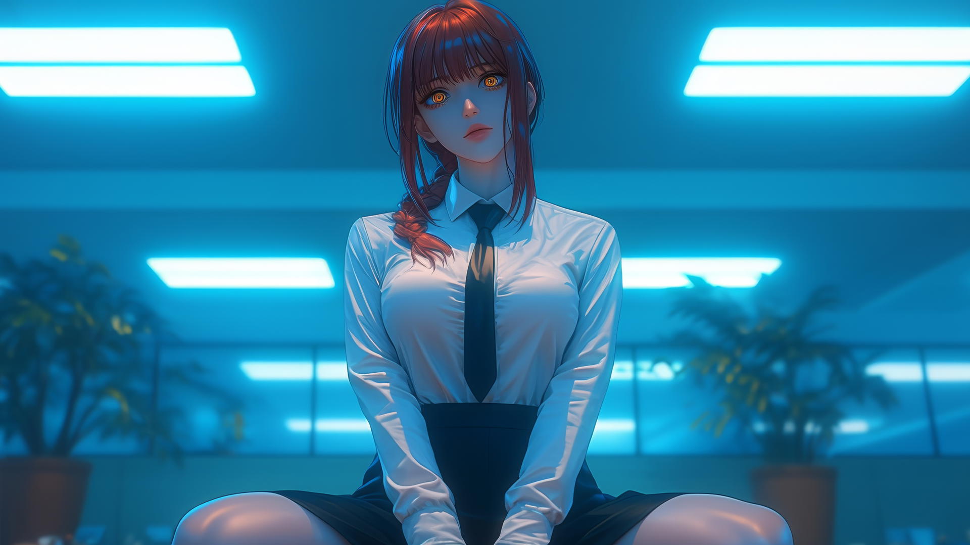 Makima from Chainsaw Man kneeling, looking down, neon-lit hotel room
