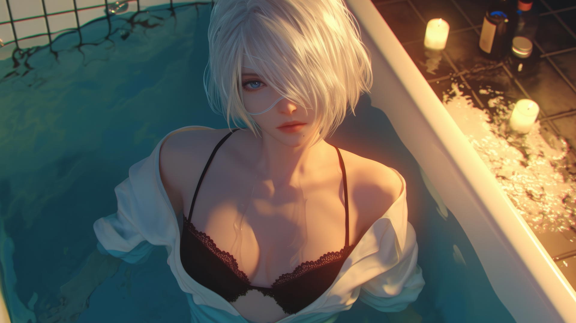 2B from Nier in white shirt, looking up, blindfolded, neon-lit hotel room