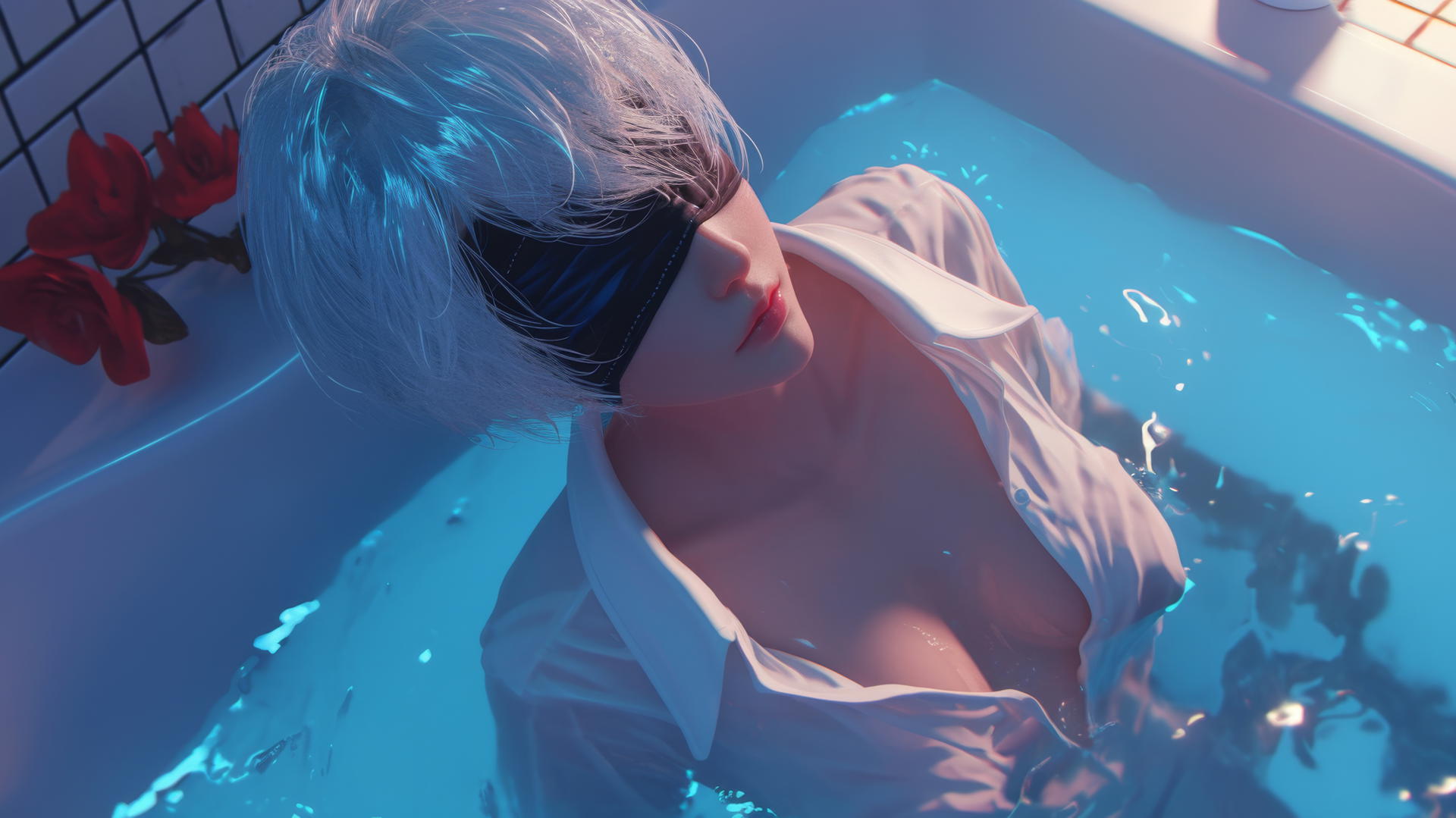 2B from Nier, wearing a white shirt and black blindfold, looks up with neon light glow.