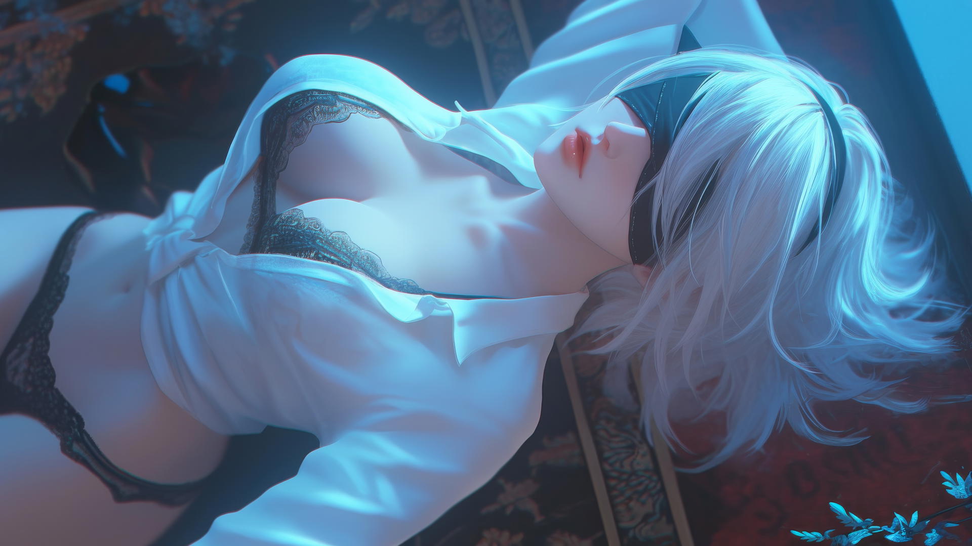 2B from Nier, in white office shirt and black blindfold, looks up in neon-lit hotel room