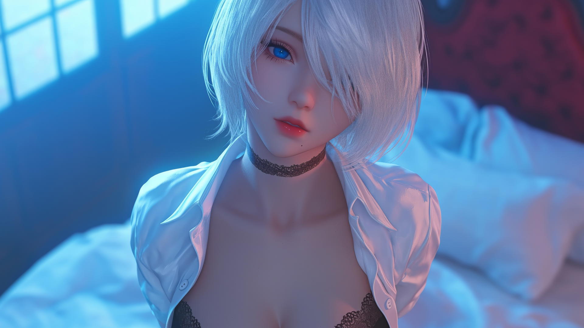 2B from Nier in an office shirt, looking up with a black blindfold in a neon-lit hotel room