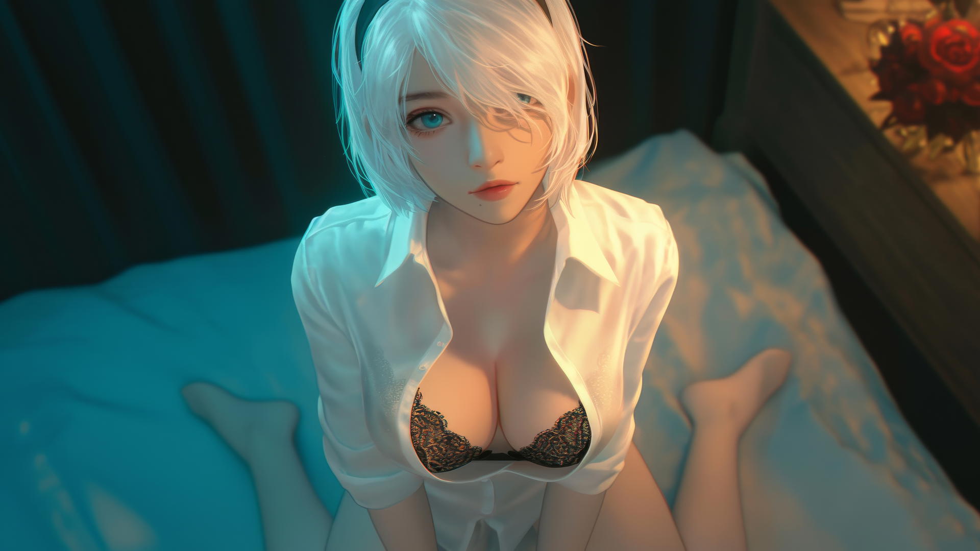 2B from Nier kneeling in a modern hotel room, neon light glow