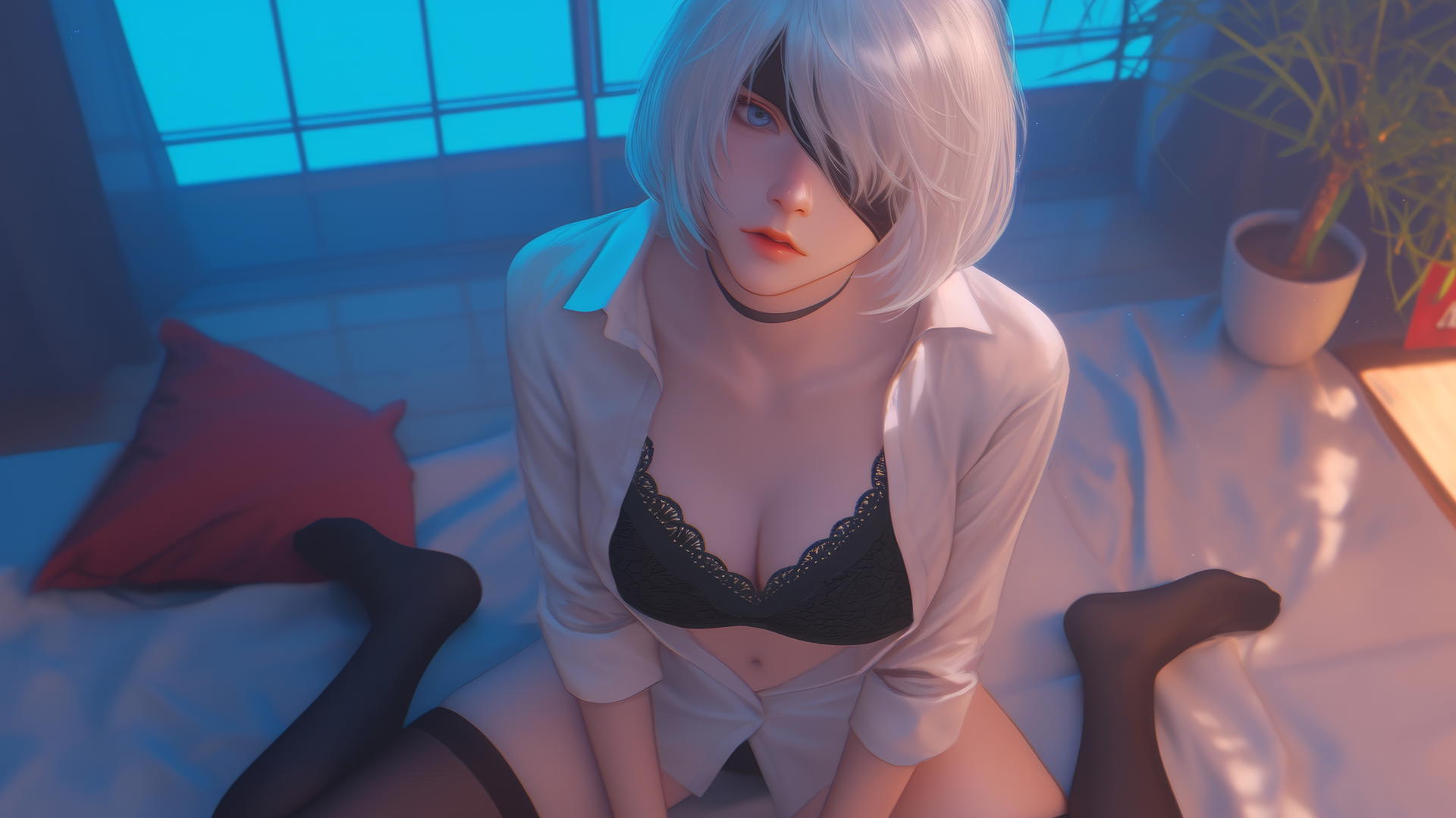 2B from Nier kneels in a white office shirt, looking up, wearing a black blindfold, in a softly glowing modern hotel room.
