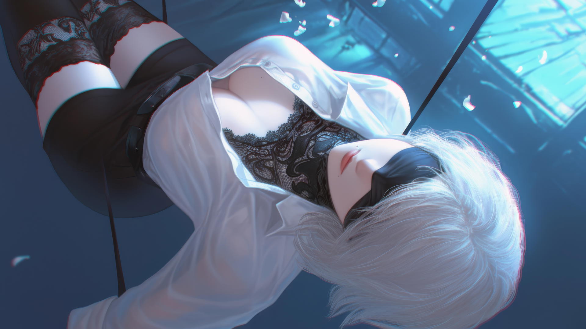 2B from Nier kneeling in a white office shirt with a black blindfold in a neon-lit hotel room.
