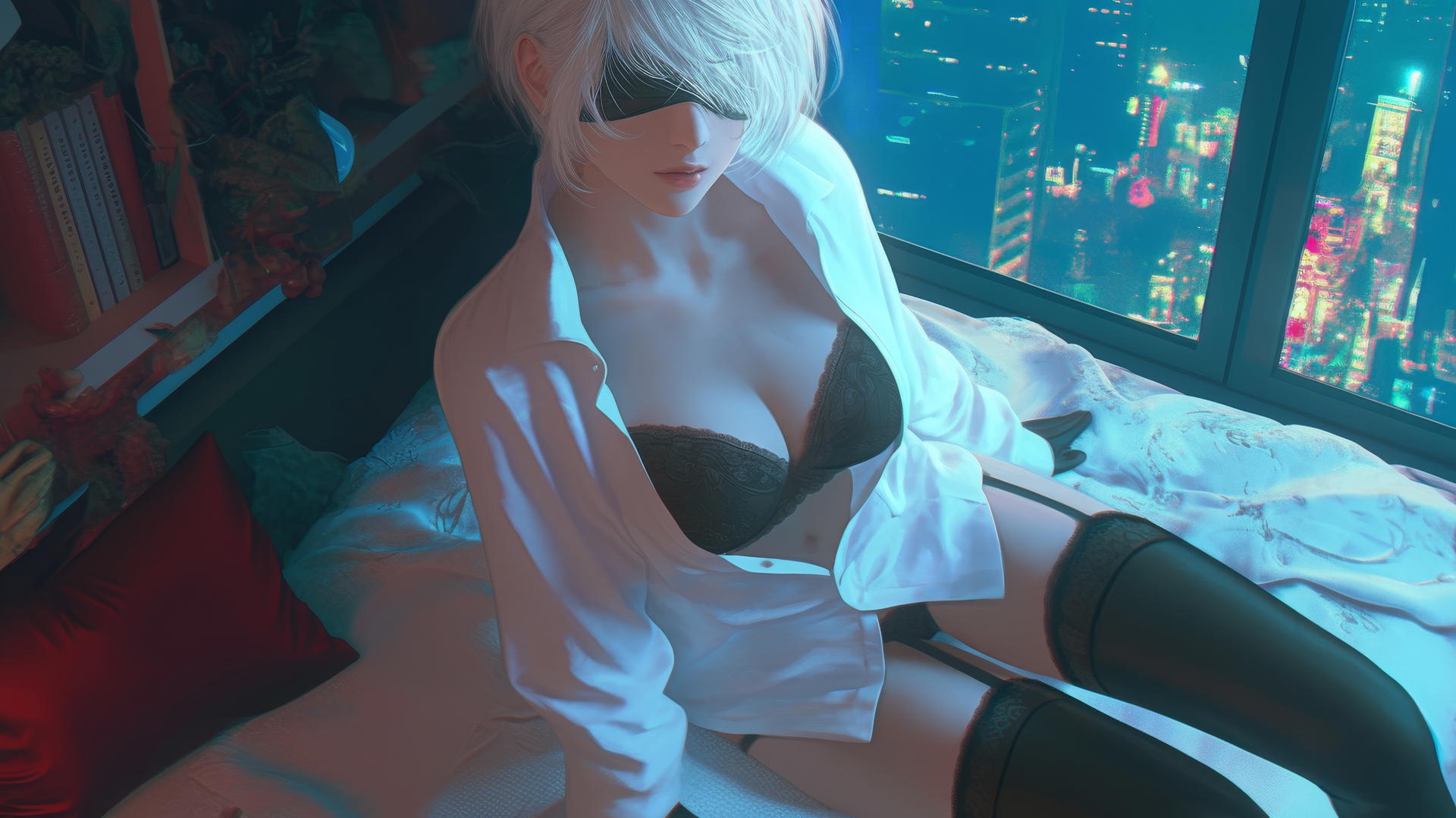2B from Nier kneeling in a modern hotel room, looking up with a blindfold and open mouth.