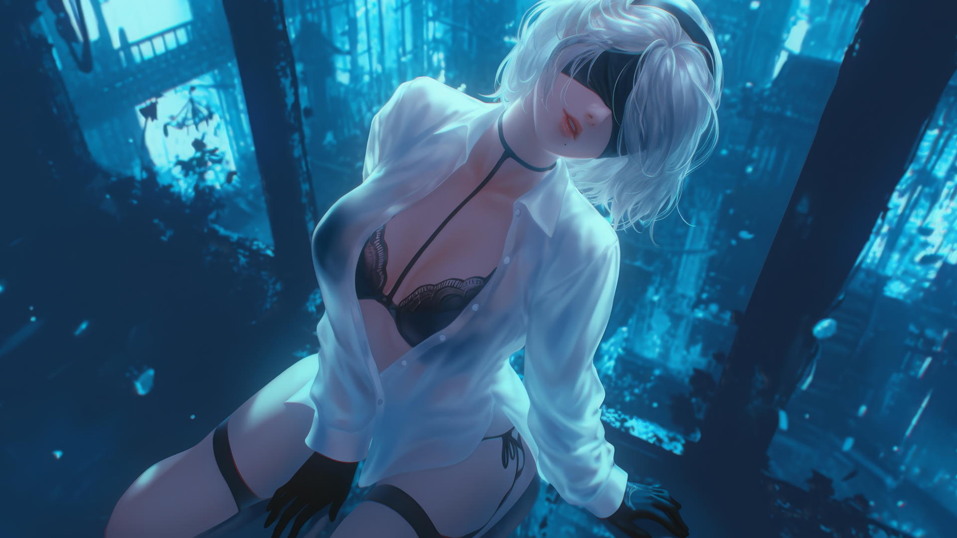 2B from Nier in a white shirt kneeling, looking up, neon-lit modern hotel room.
