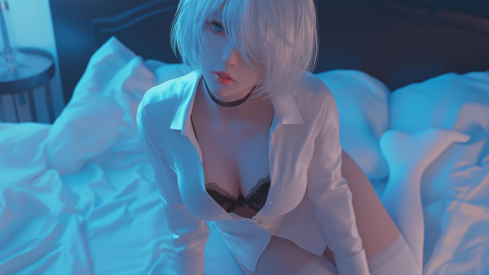 2B from Nier kneeling in a hotel room, wearing a white office shirt and black blindfold.