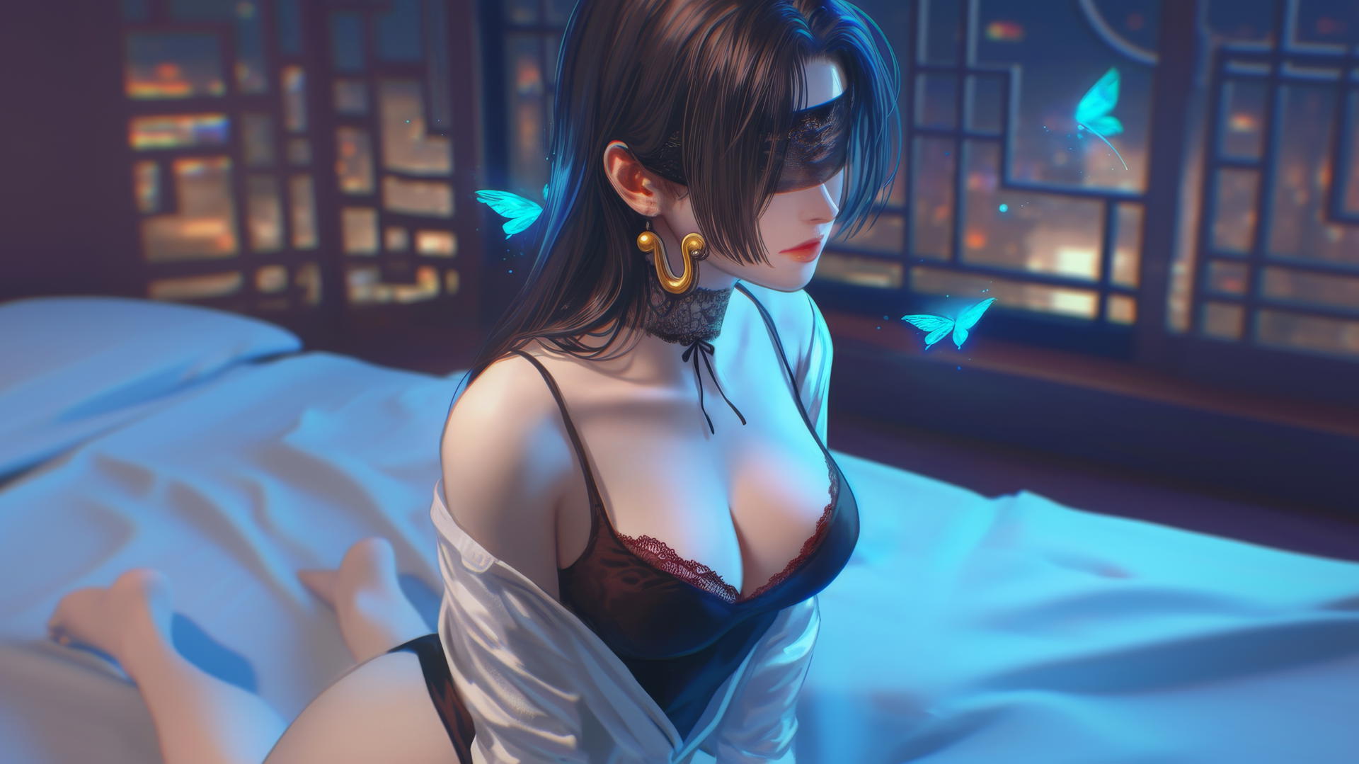 Boa Hancock kneeling with a blindfold in neon-lit hotel room