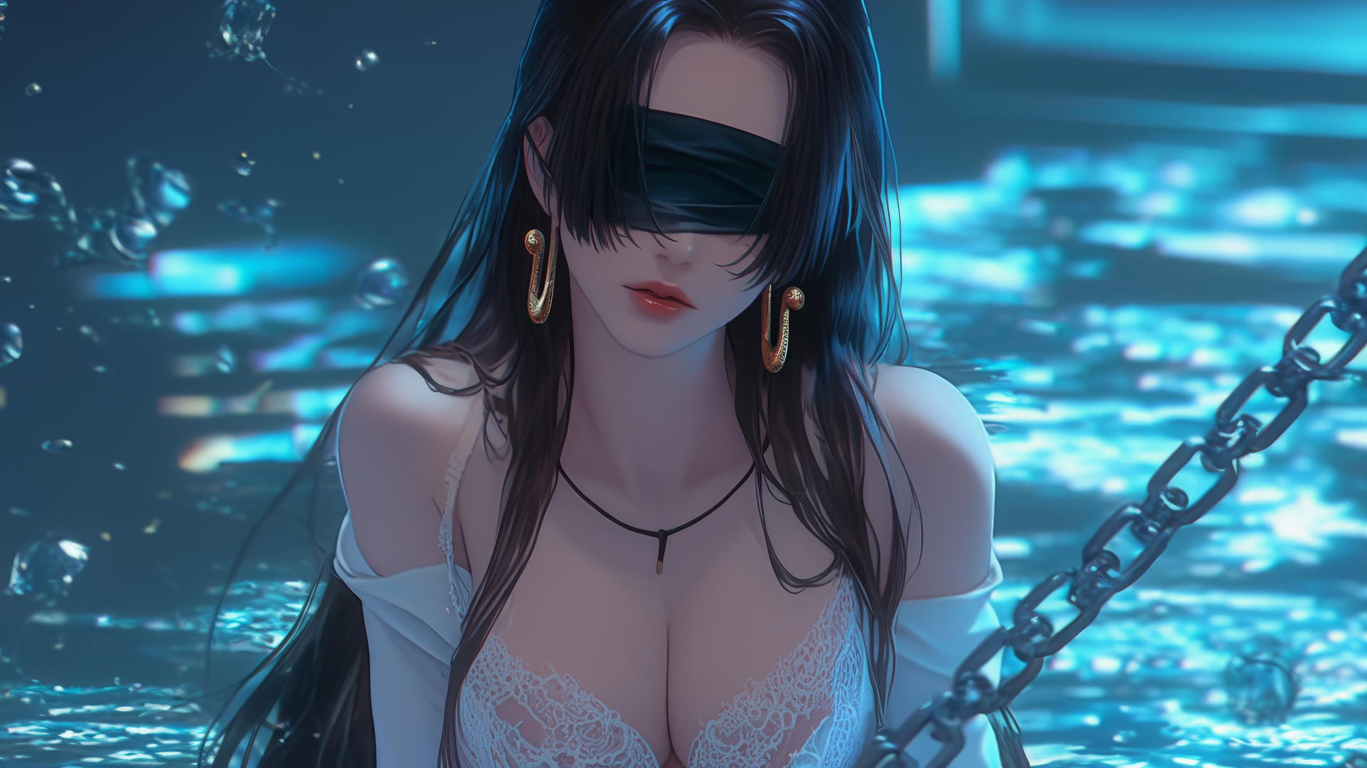 Boa Hancock kneeling, blindfolded with neon light in a modern hotel room