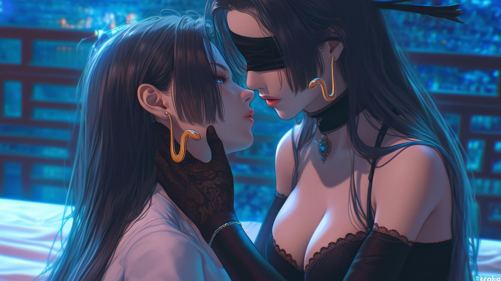 Boa Hancock kneeling with blindfold and chains in neon-lit hotel room.