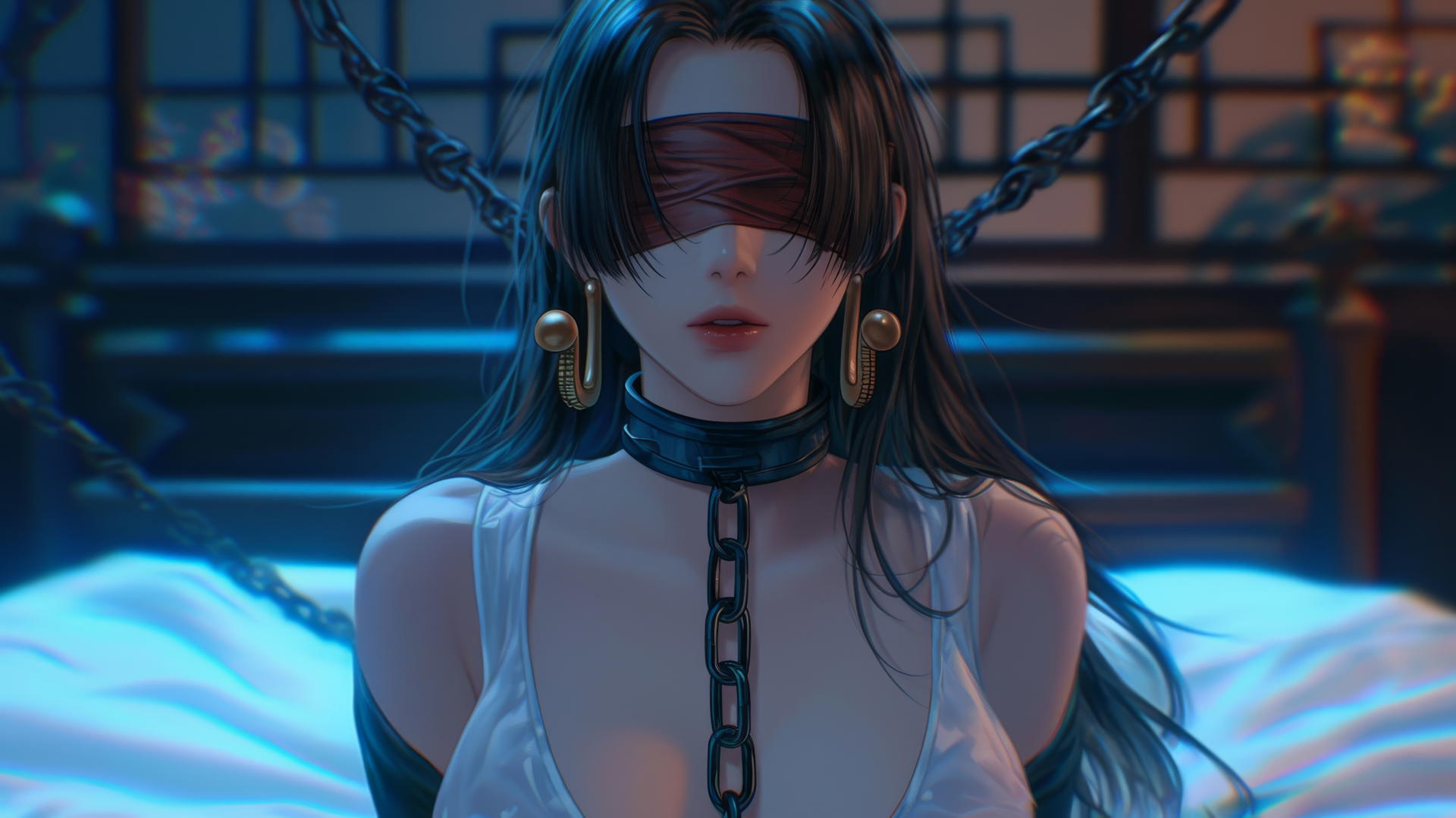Boa Hancock from One Piece kneeling with a red blindfold in a neon-lit modern hotel room.