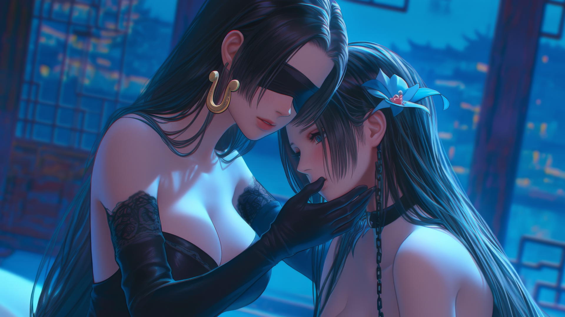 Boa Hancock kneeling with blindfold obscuring her eyes, neon light glow.
