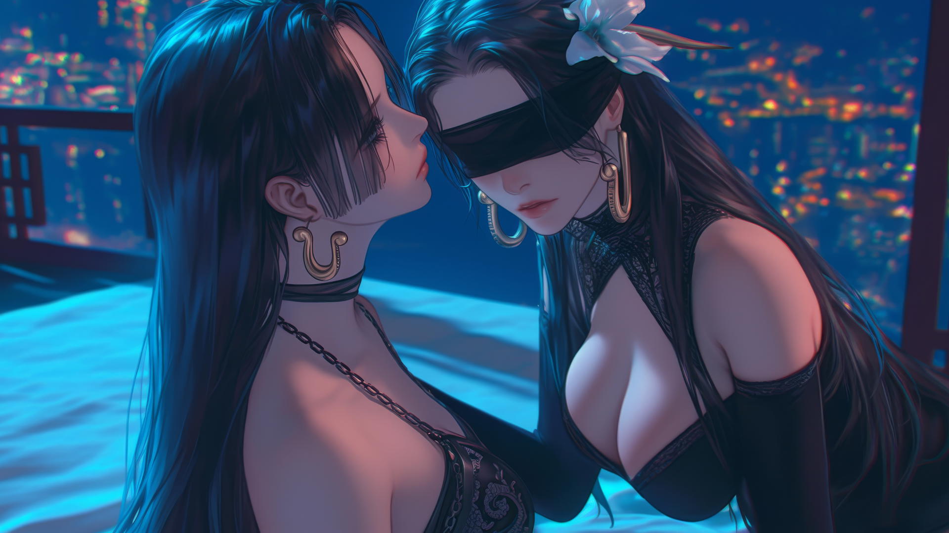 Boa Hancock blindfolded with chains, kneeling in neon-lit hotel room