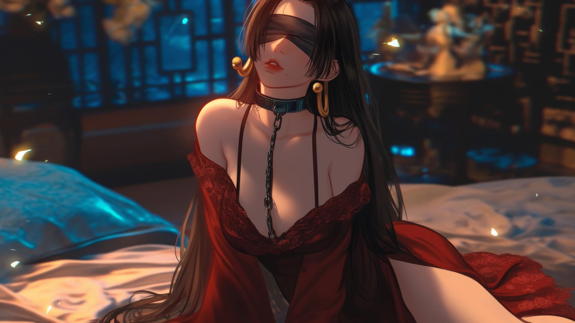 Boa Hancock kneeling with a red blindfold obscuring her eyes, in a neon-lit hotel room.