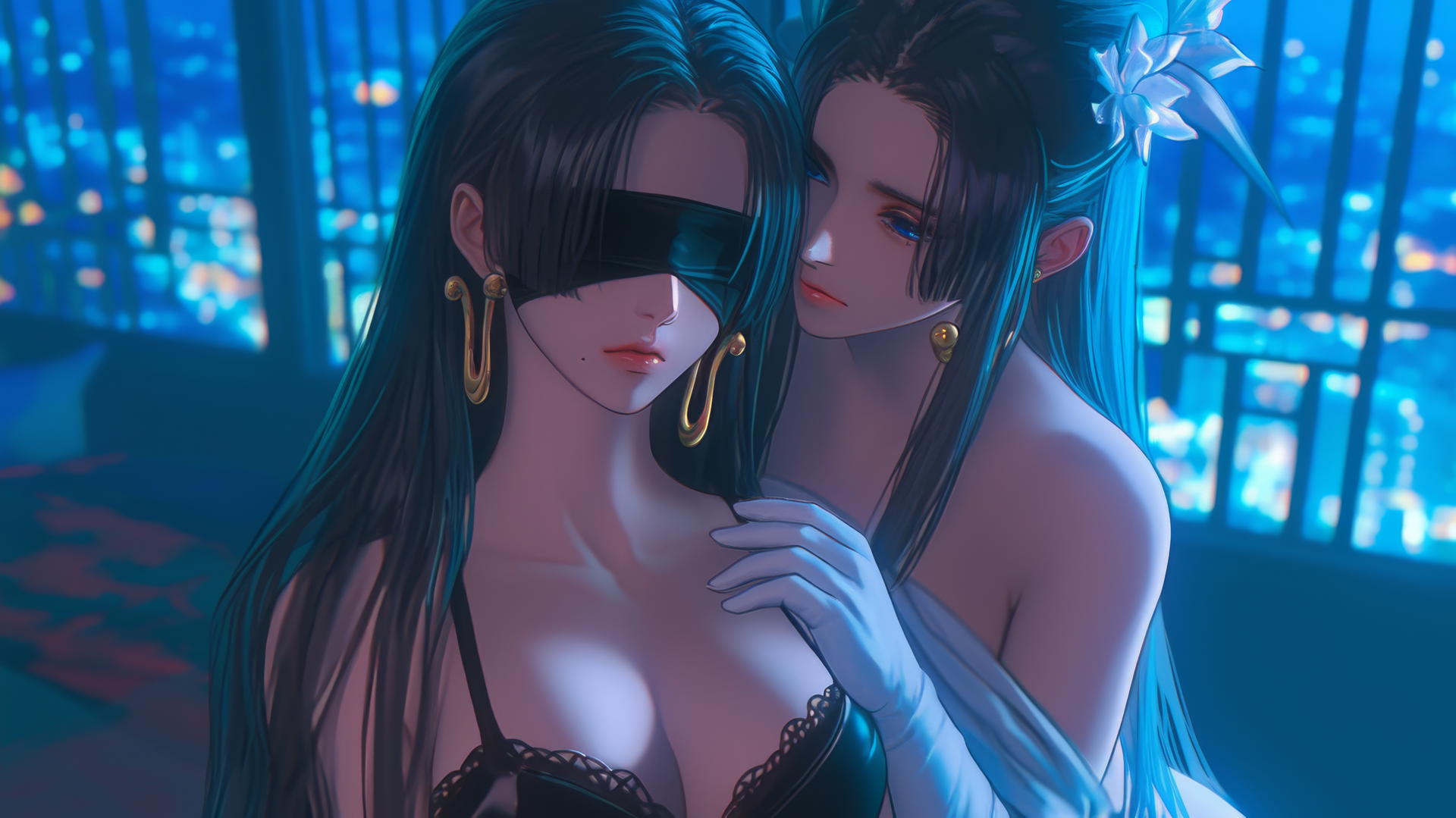Boa Hancock kneeling, blindfolded with chains, in a neon-lit hotel room
