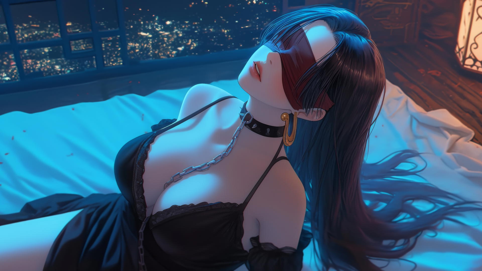Boa Hancock kneeling with a red blindfold in a softly lit modern hotel room