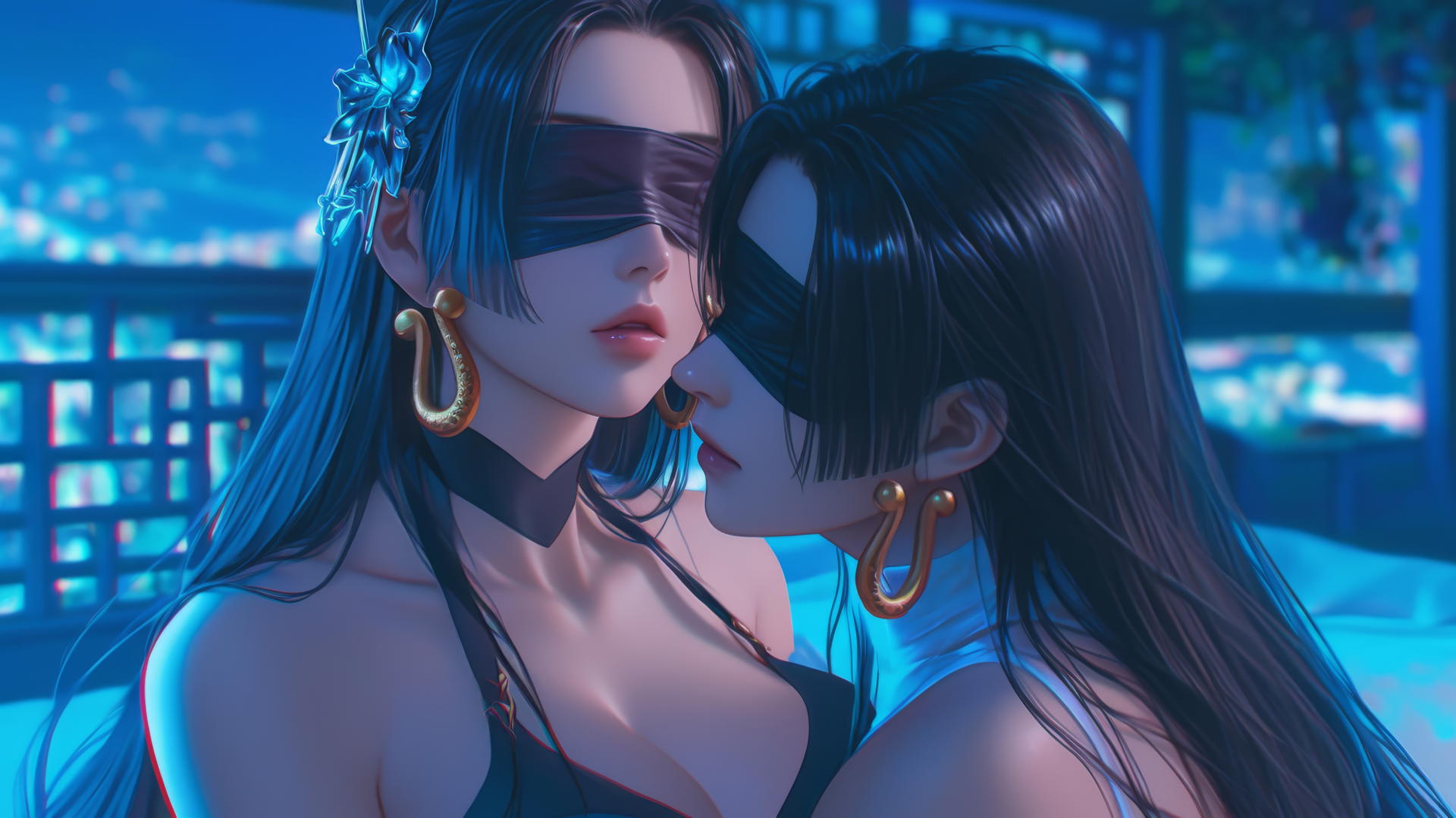 Boa Hancock kneeling with blindfold in neon-lit hotel room