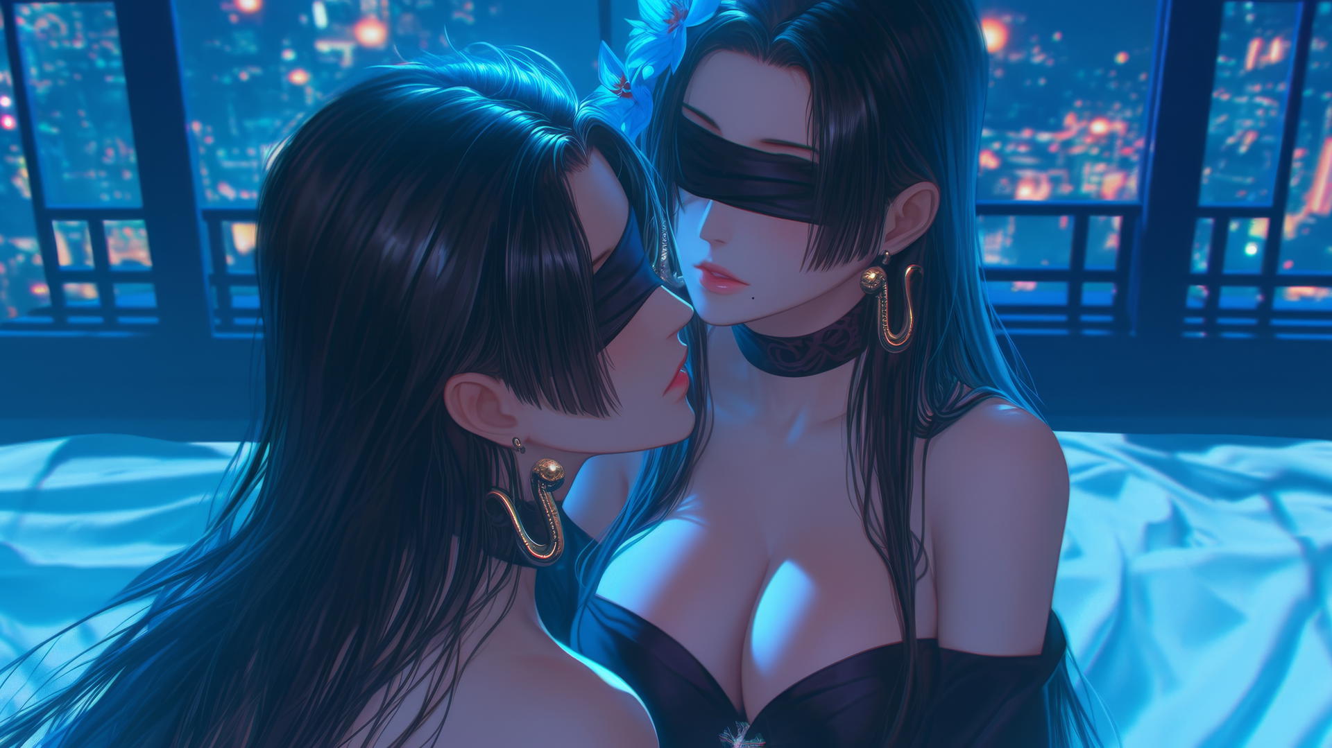 Boa Hancock kneeling, wearing a blindfold and eye mask, in a neon-lit modern hotel room.