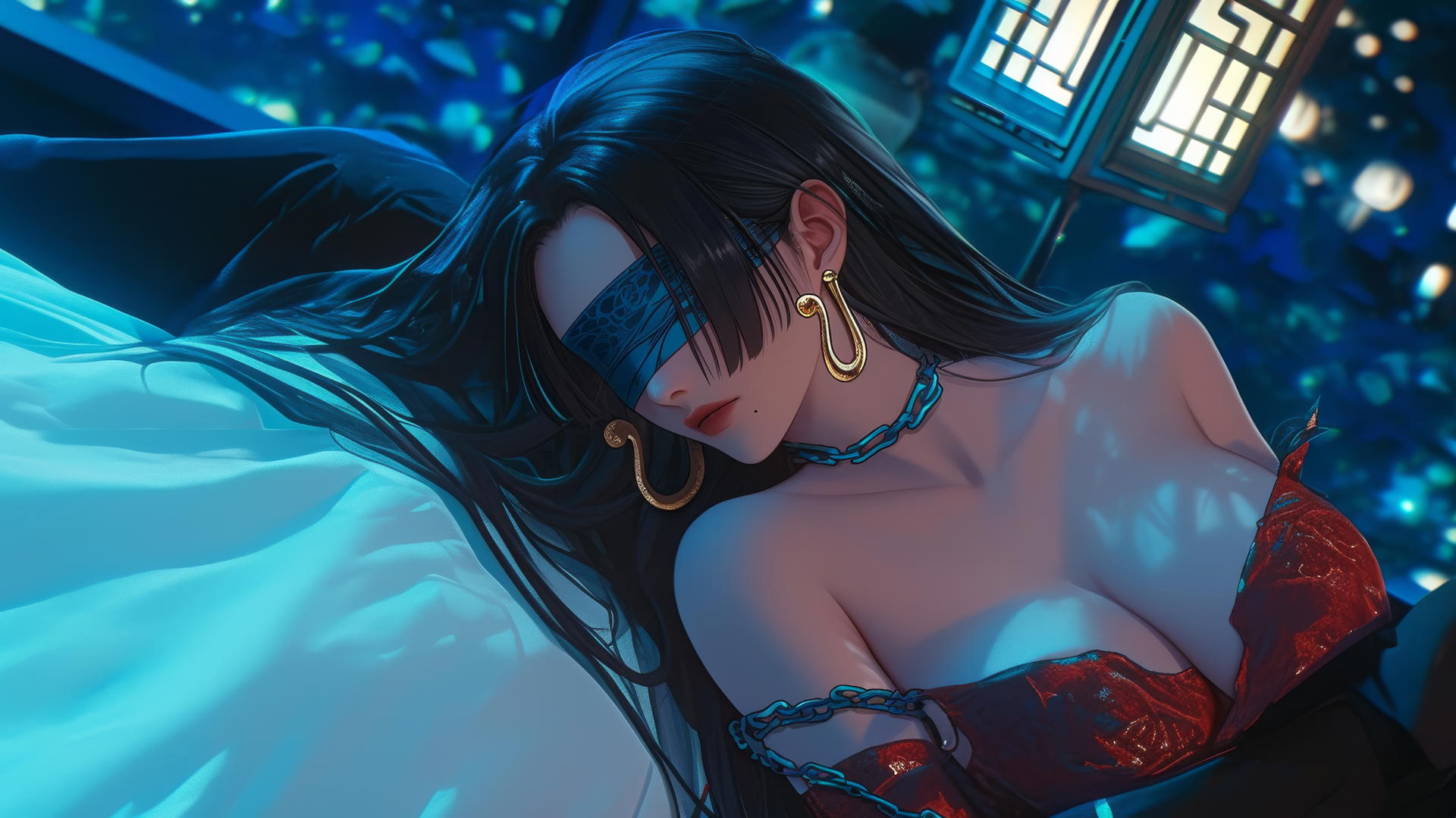 Boa Hancock kneeling with a red blindfold in a cozy modern hotel with neon lighting.