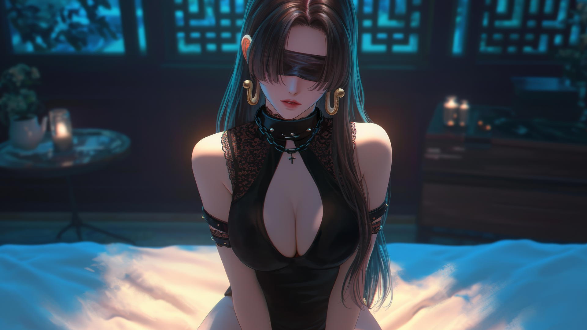 Boa Hancock from One Piece, blindfolded, kneeling in a neon-lit modern hotel room.