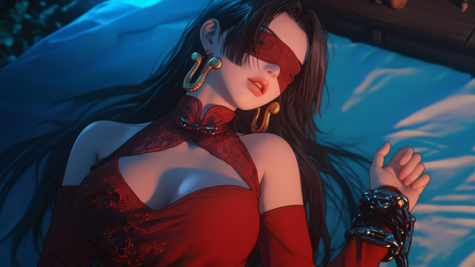 Boa Hancock kneeling blindfolded in a romantic neon-lit modern hotel room