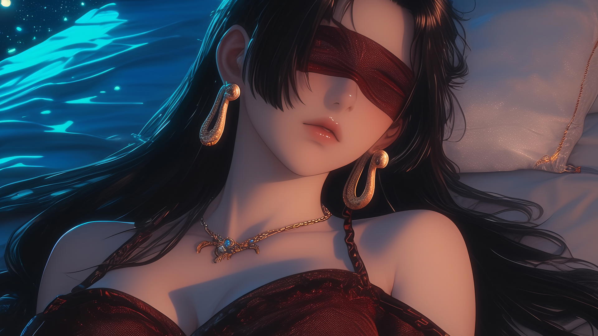 Boa Hancock kneeling in a modern hotel room, red blindfold covering her eyes, romantic neon light.