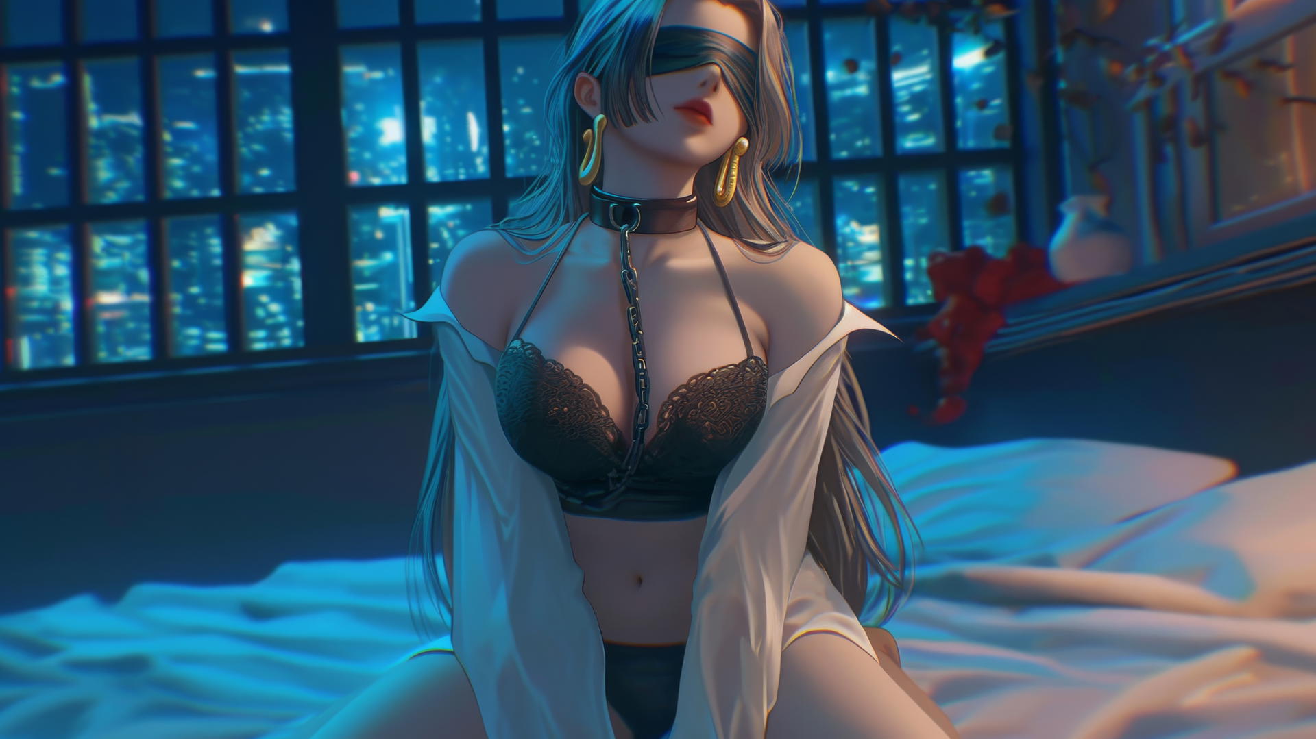 Boa Hancock from One Piece kneeling blindfolded in a neon-lit modern hotel room.