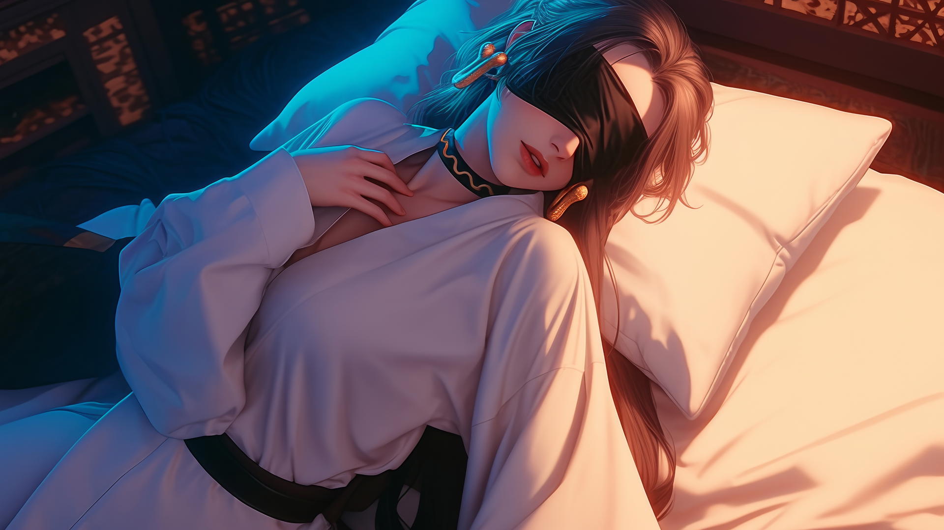 Boa Hancock kneeling in an all-white outfit, blindfolded, in a softly glowing modern hotel room.