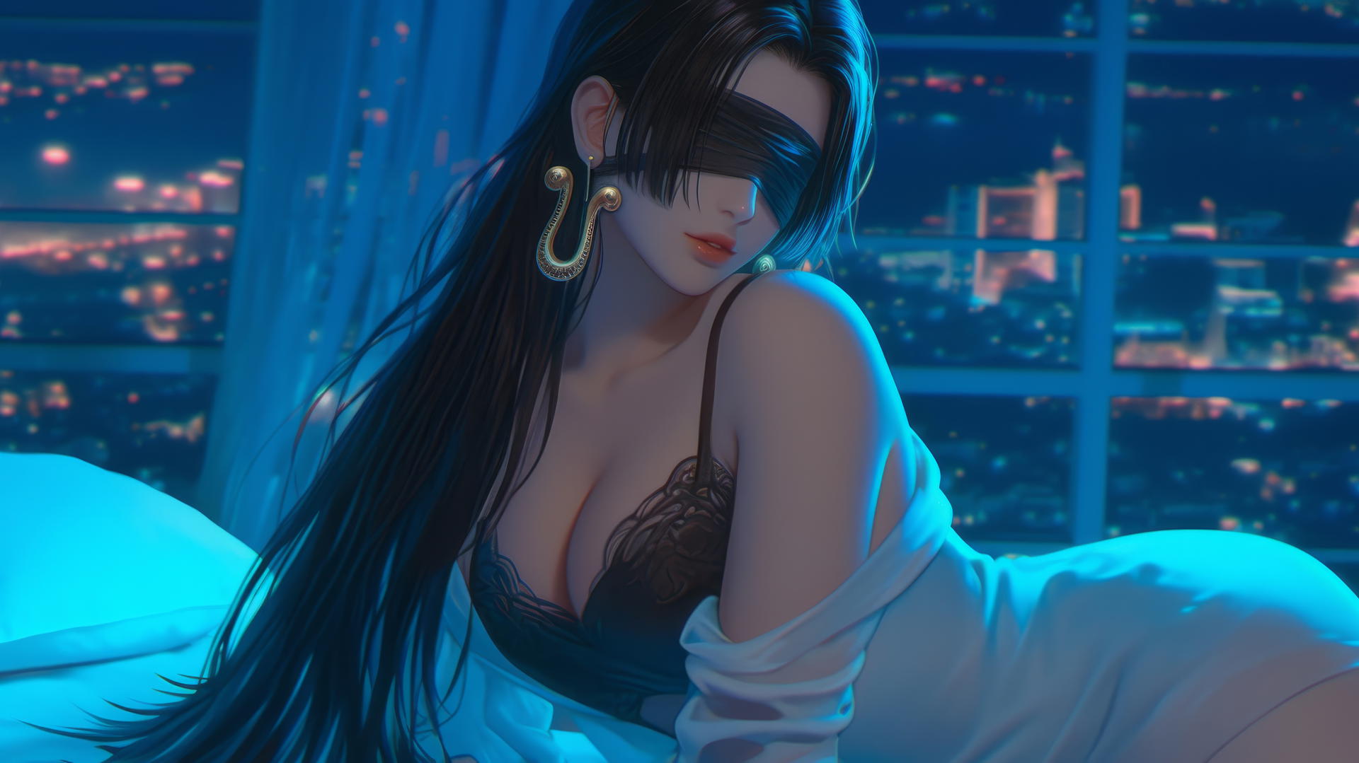 Boa Hancock kneeling in a modern hotel room, blindfolded and illuminated by neon lights.