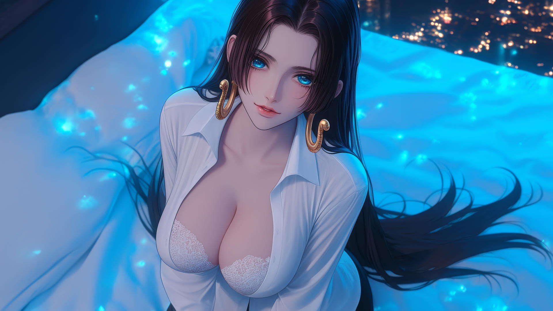 Boa Hancock kneeling in a white office shirt, looking up, neon light glow