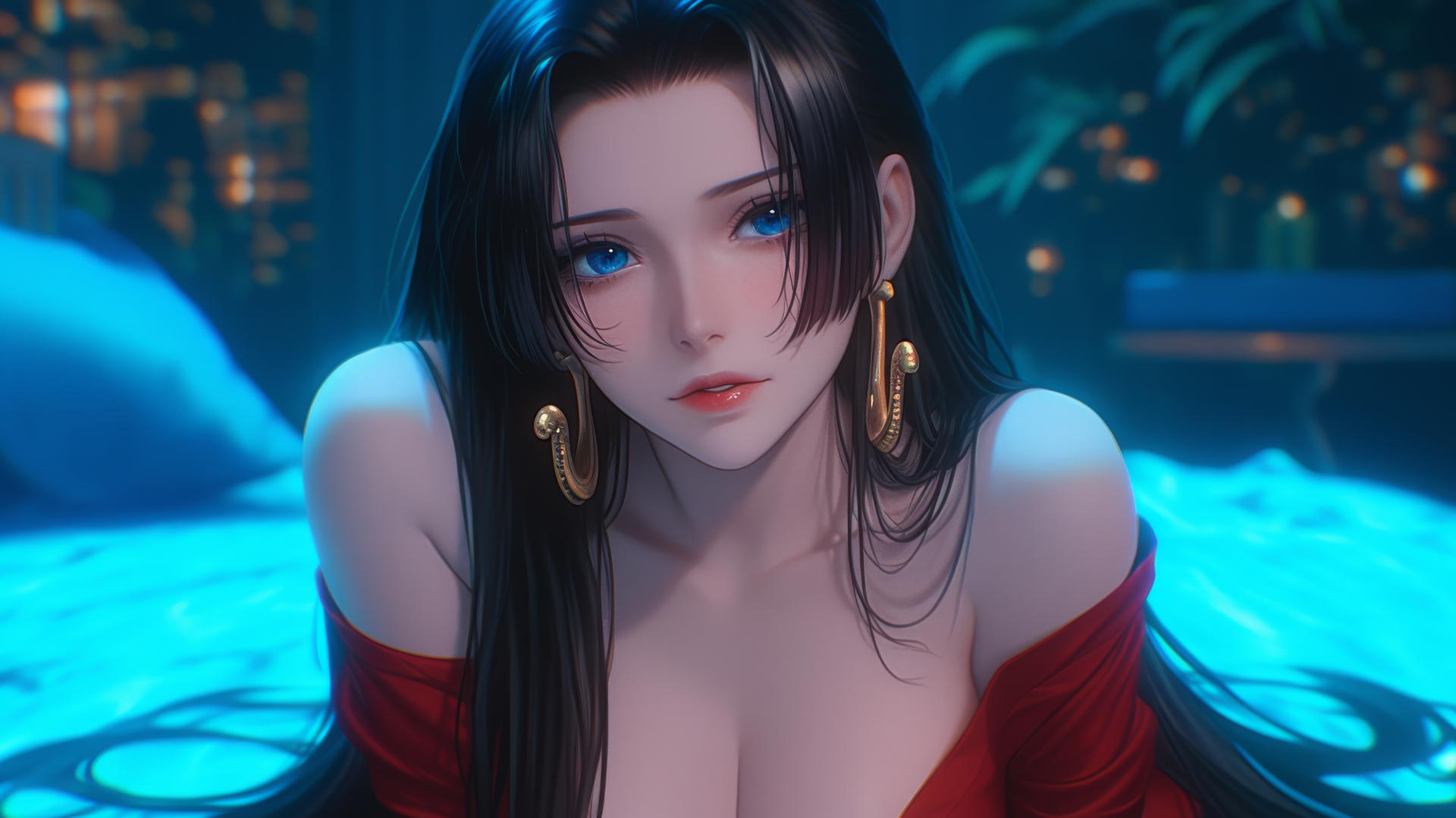 Boa Hancock from One Piece in a red outfit, kneeling, with neon light glow in a modern hotel room.