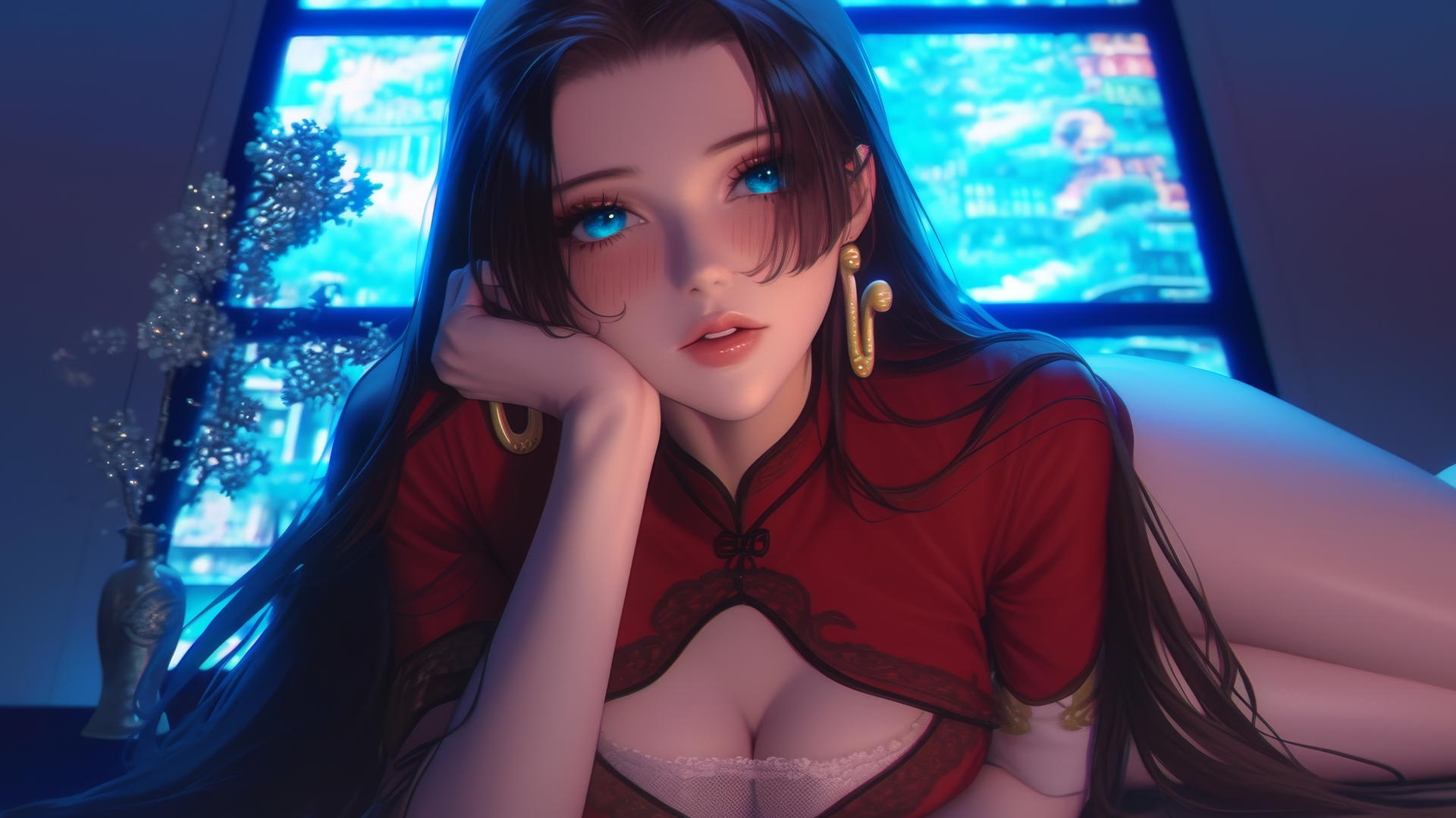 Boa Hancock leaning and kneeling, glowing under ceiling neon lights.
