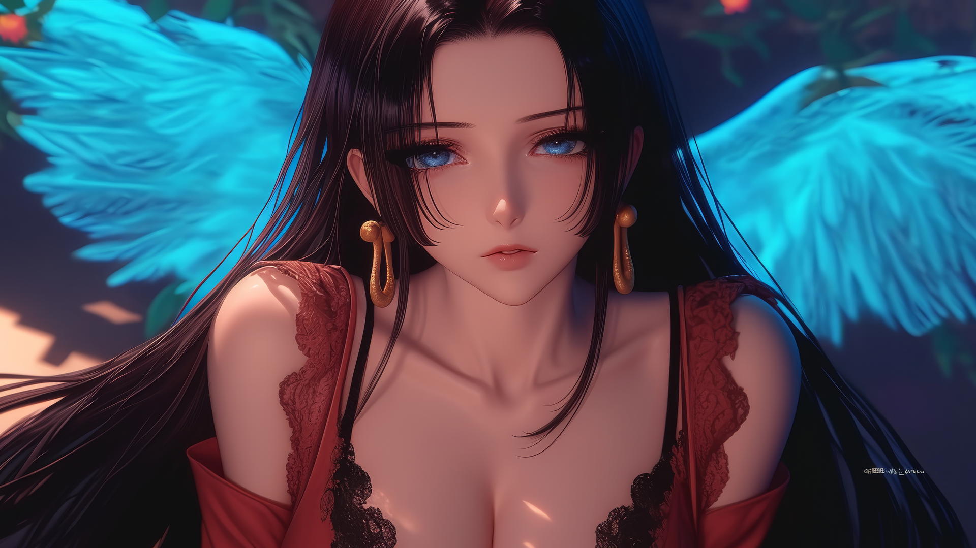 Boa Hancock from One Piece kneeling in red, neon light glow, ceiling background.