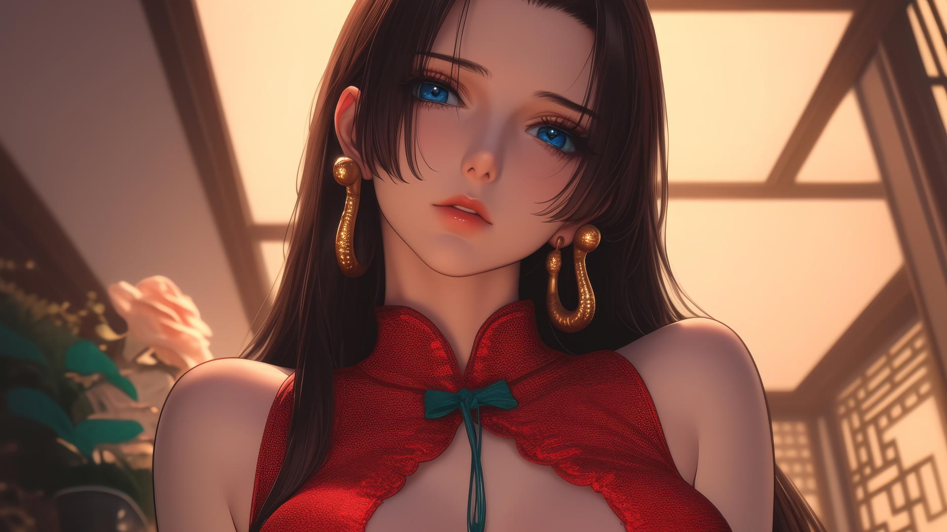Boa Hancock from One Piece, kneeling, wearing red, neon ceiling glow
