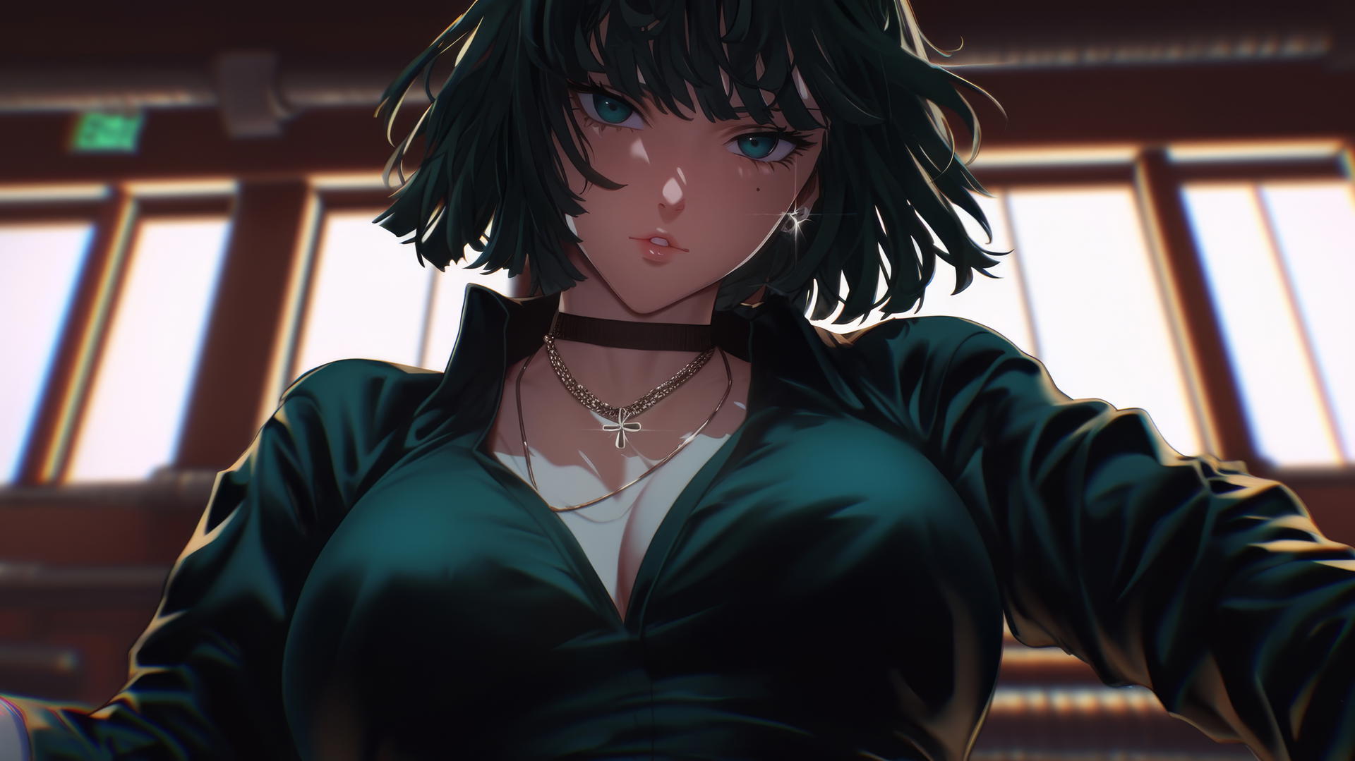 Fubuki from One Punch Man kneeling with neon-lit hotel ceiling background
