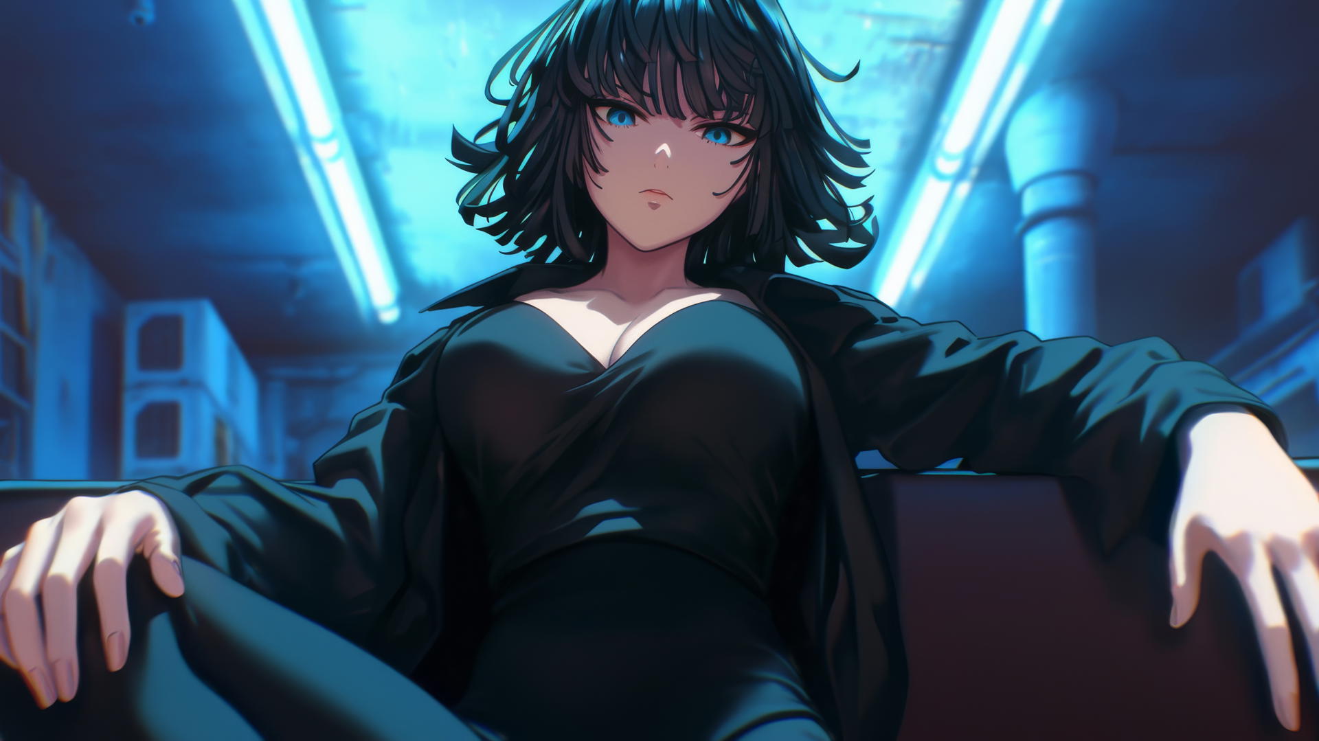 Fubuki kneeling with neon-lit ceiling background, looking down with hands across shoulders.