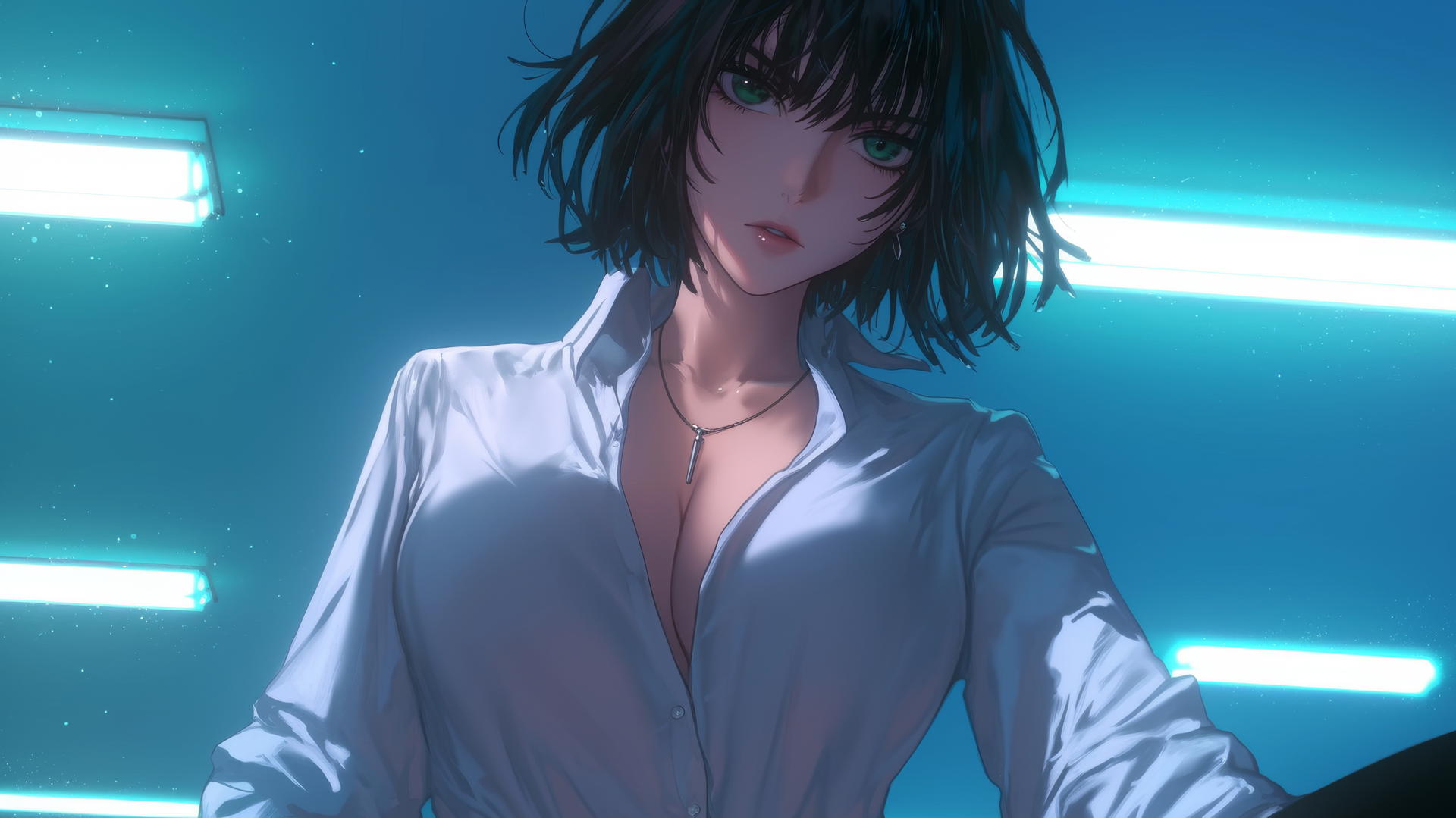 Fubuki from One Punch Man wearing a white office shirt, kneeling with hands across shoulders and looking down, hotel ceiling with neon lights in background.