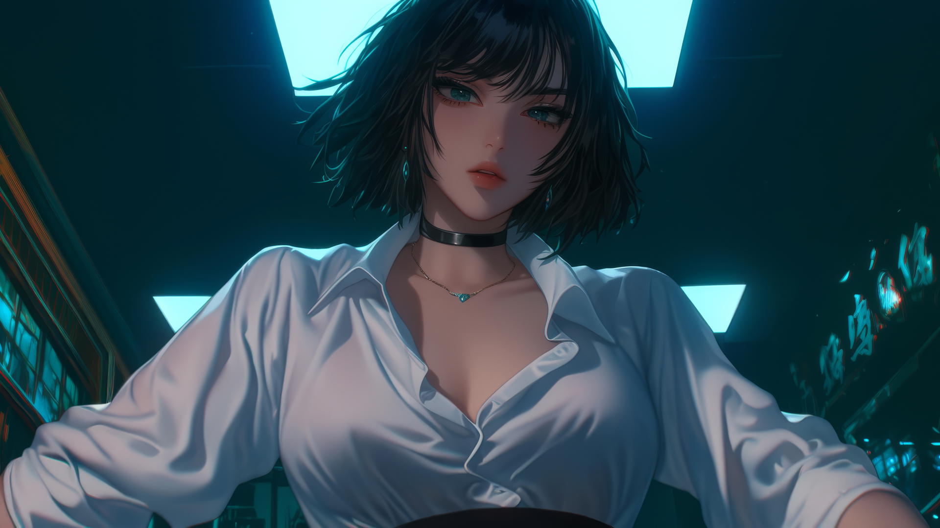 Fubuki in office shirt under neon-lit hotel ceiling