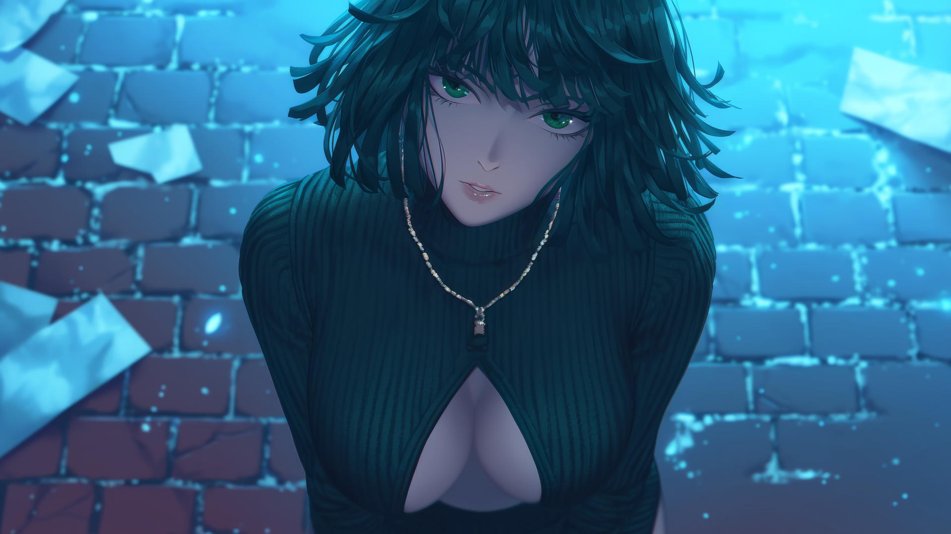 Fubuki from One Punch Man kneeling, looking up, neon-lit modern hotel room.