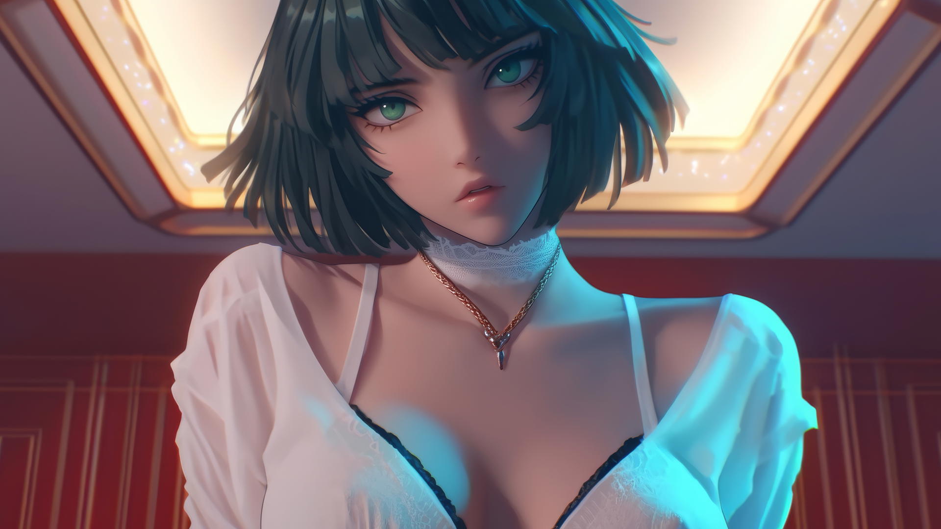 Fubuki from One Punch Man kneeling and leaning, neon-lit hotel ceiling background.
