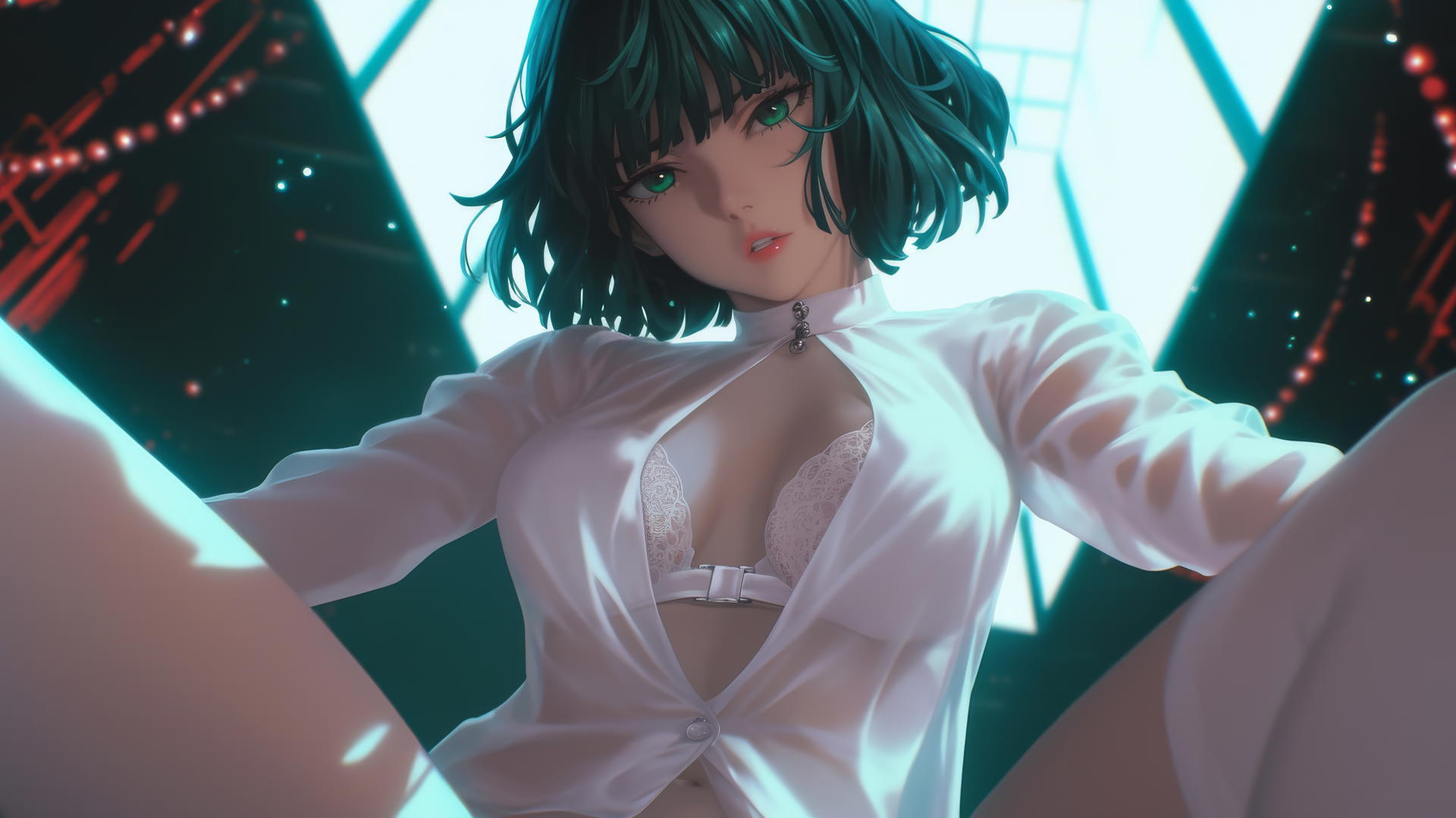 Fubuki from One Punch Man with dark green hair, kneeling, and looking down.